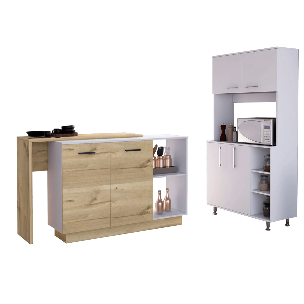 Modern white and oak kitchen island with drawers shelves and countertop