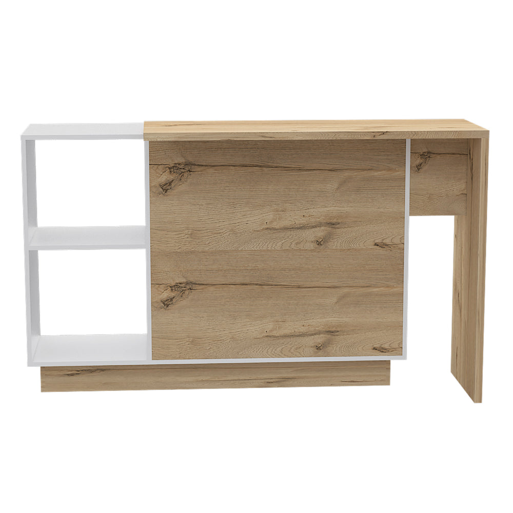 Modern white and wood veneer sideboard with open shelving and sliding doors