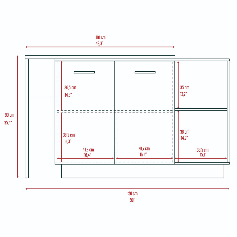 Blueprint of a modern dresser with two drawers and open shelving showing dimensions