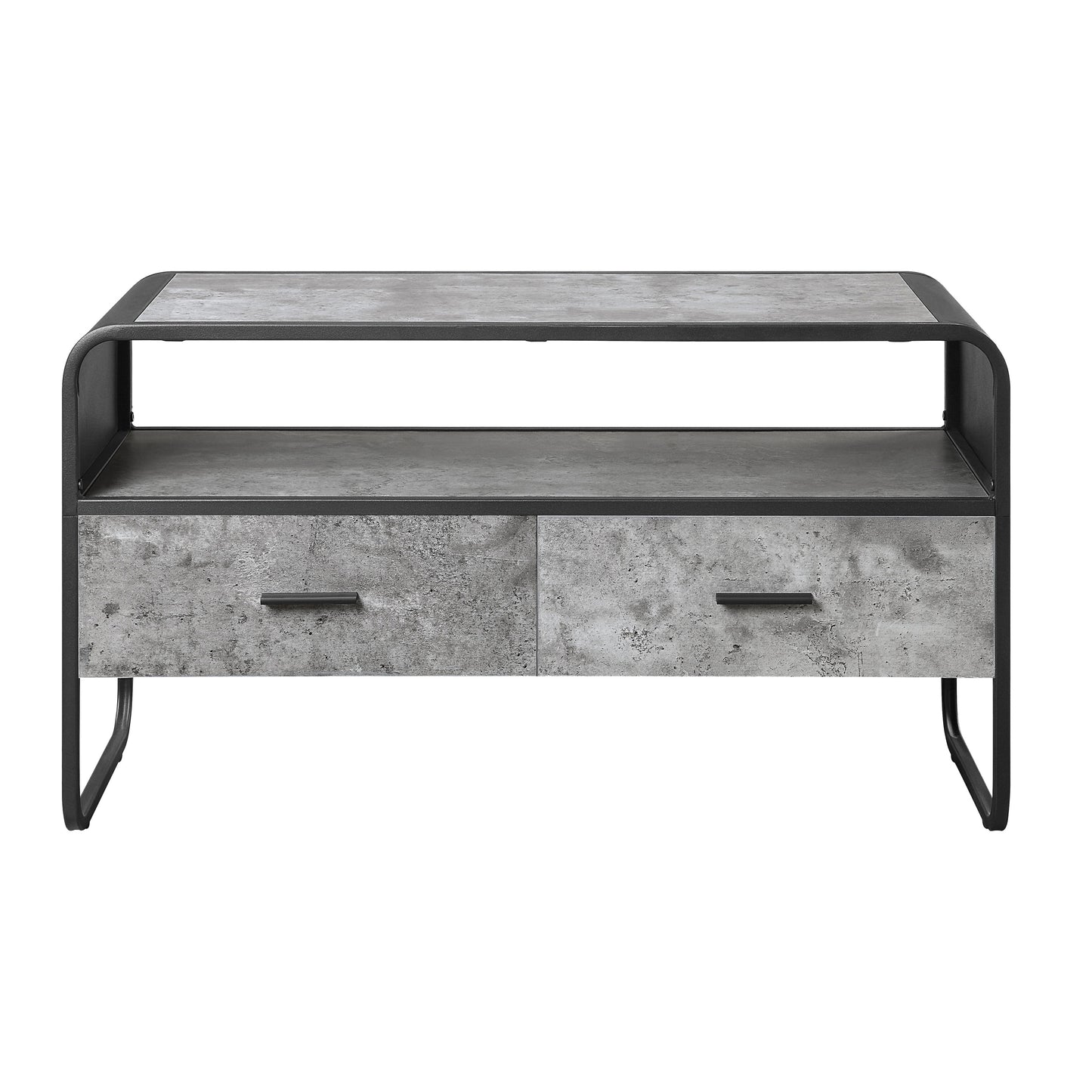 Industrial style media console with two concretelook drawers and open shelving