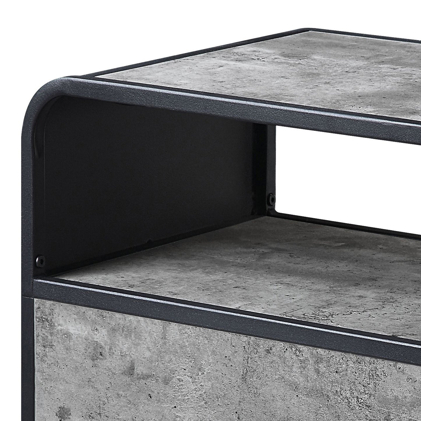 Modern concrete effect media console with black metal frame