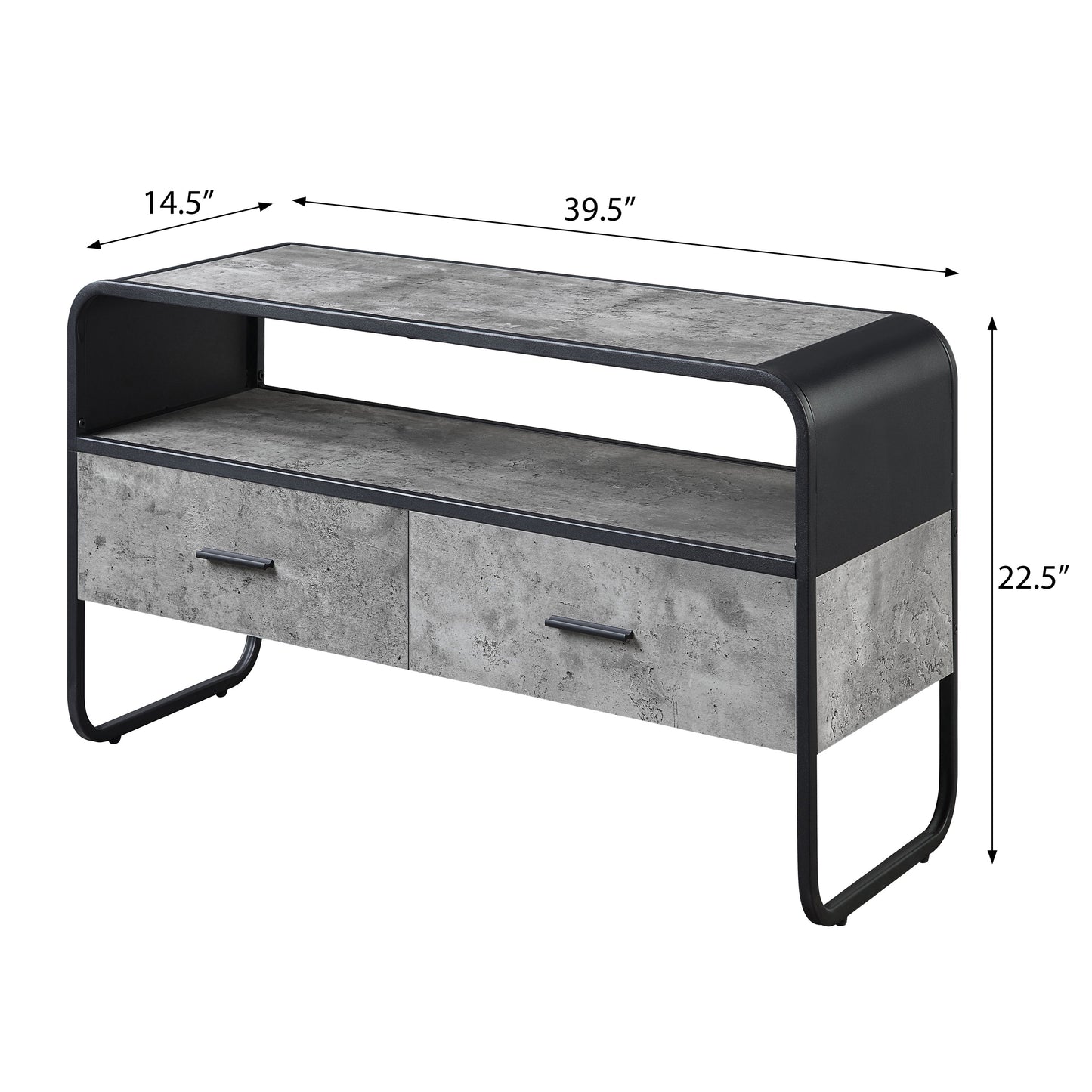 Modern grey concrete look TV stand with black frame and two drawers for media storage