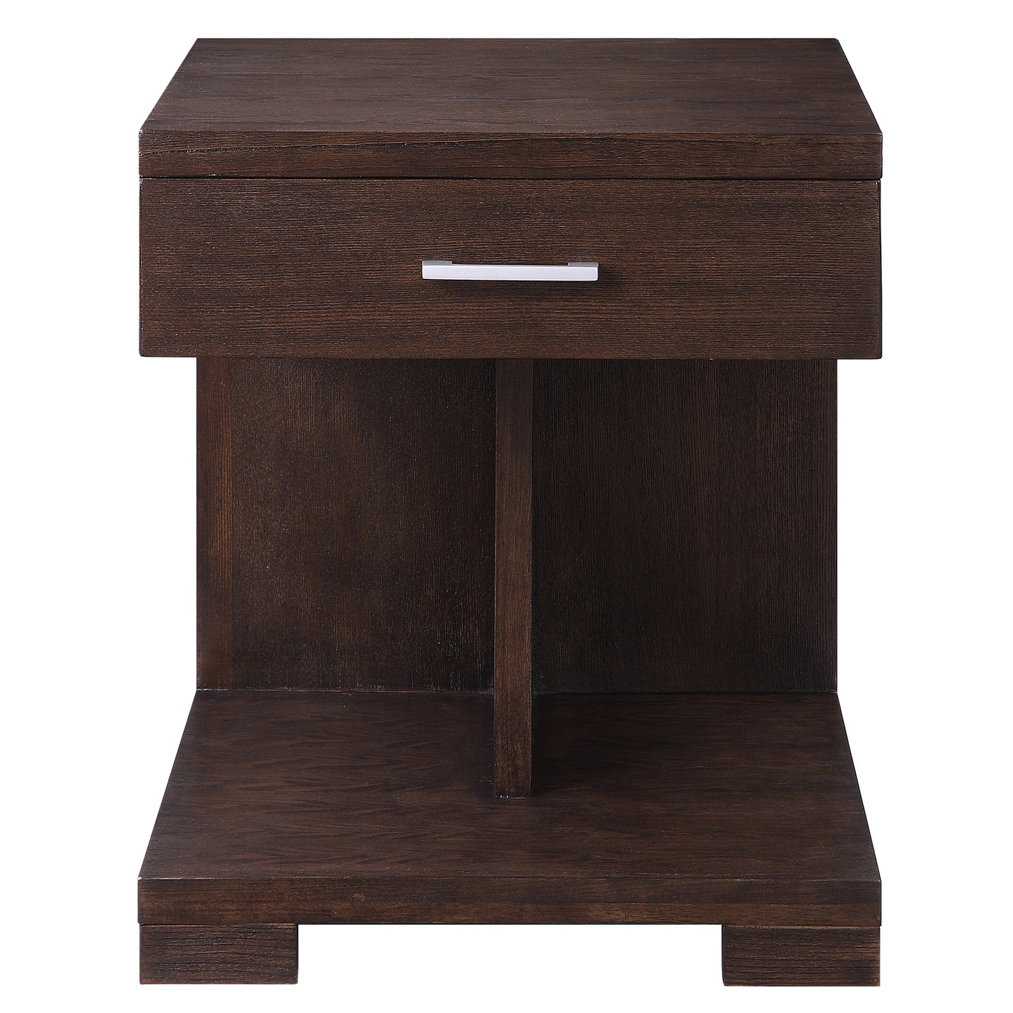 Dark wood bedside table with one drawer and open shelf