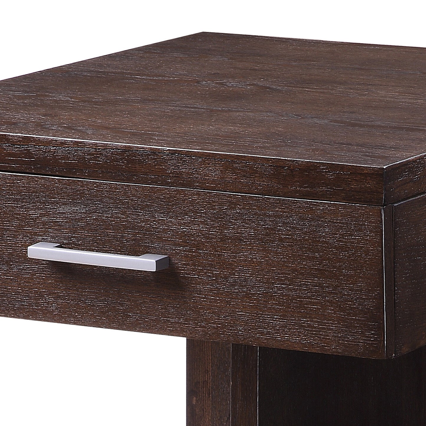 Dark wood finish nightstand with silver drawer pull