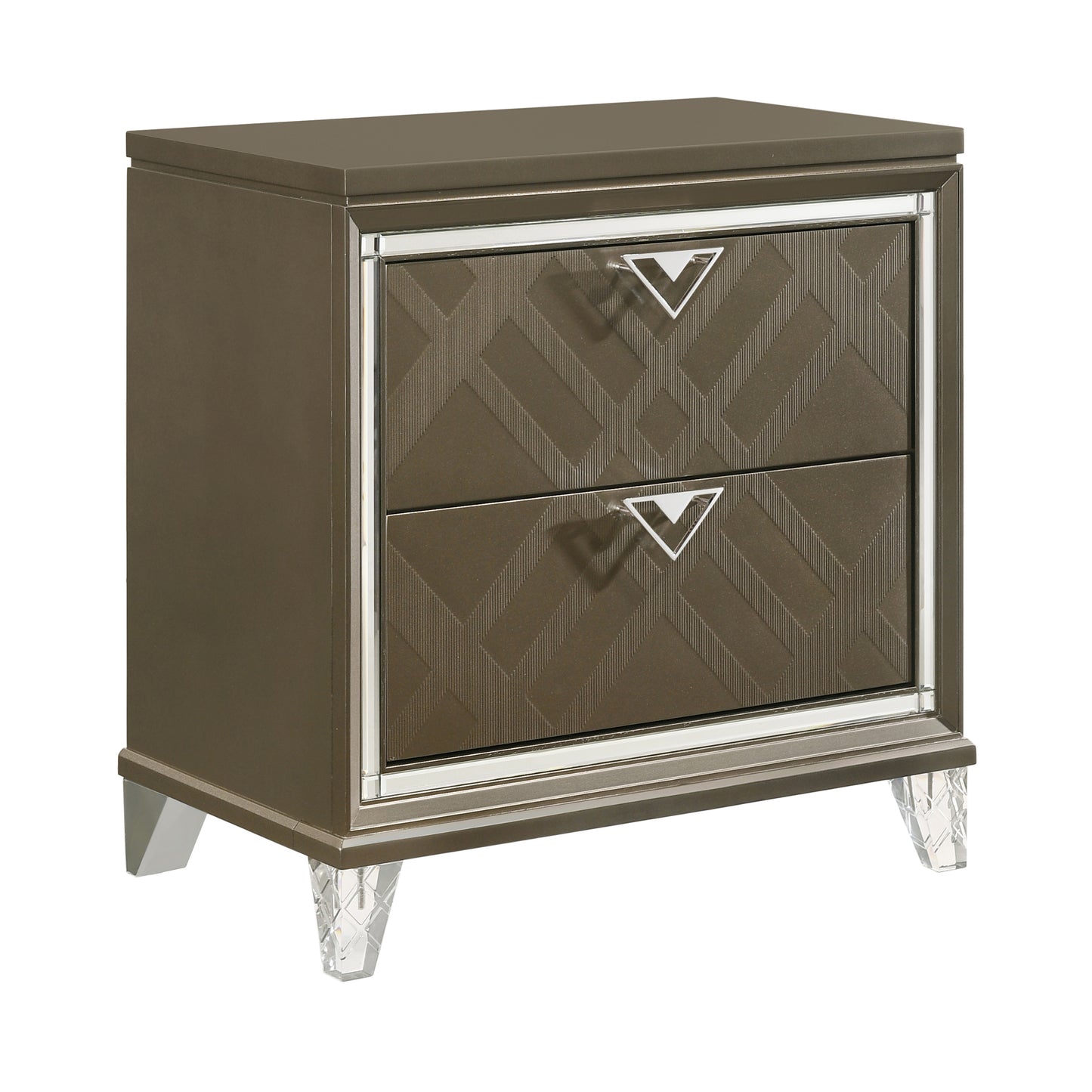 Bronze mirrored nightstand with two drawers and geometric textured fronts