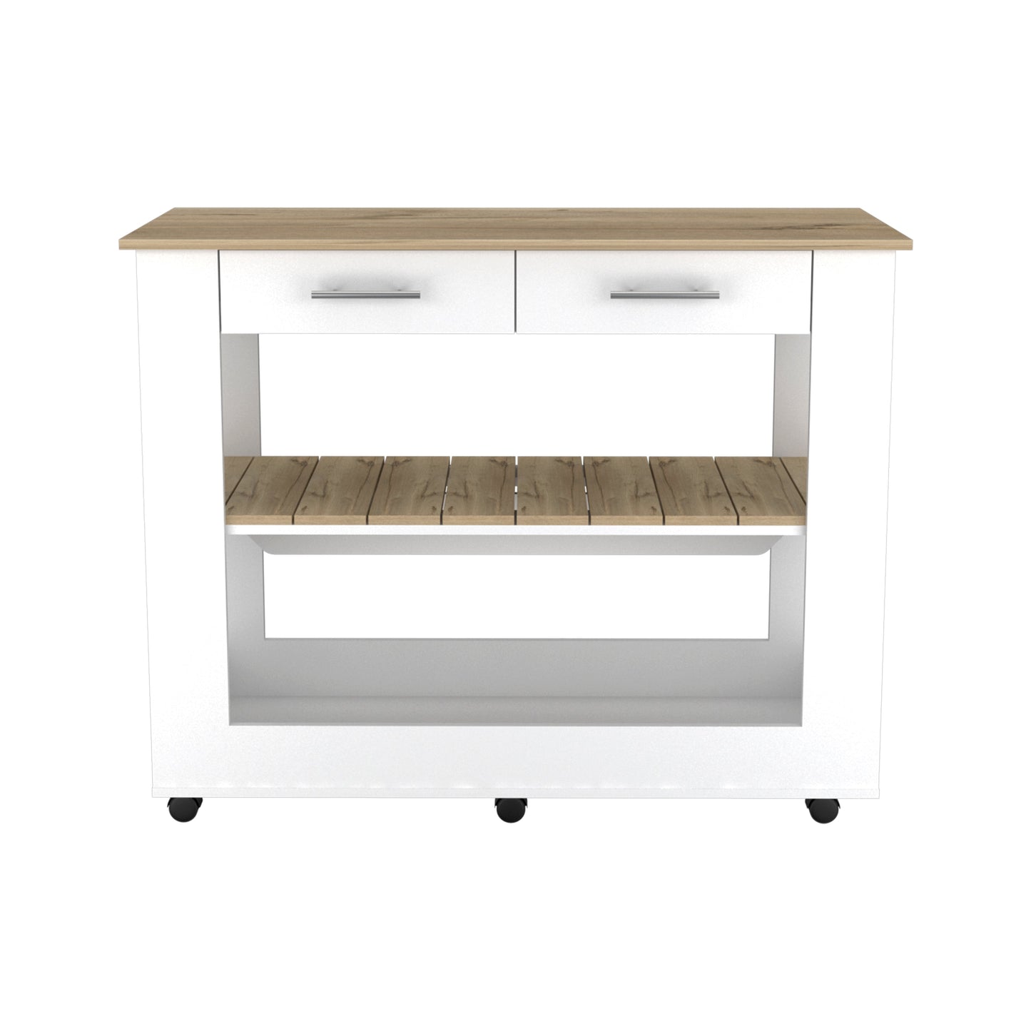 White kitchen island cart with two drawers wooden top and slatted shelf on wheels