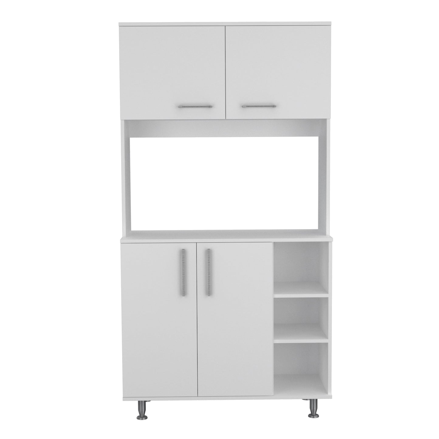 White kitchen hutch with two upper cabinets and lower cabinet with shelves
