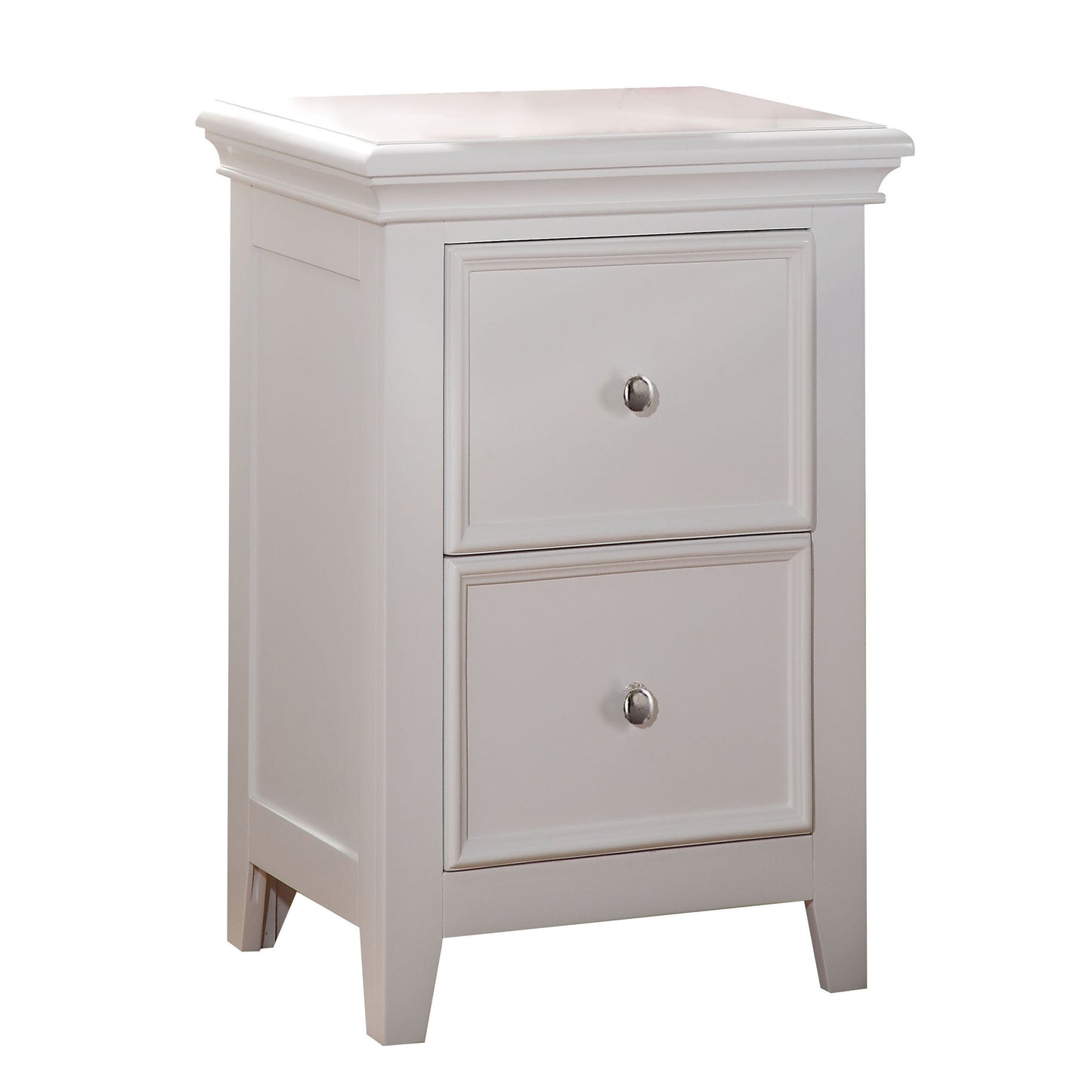 Classic white twodrawer nightstand with silver knobs and decorative molding