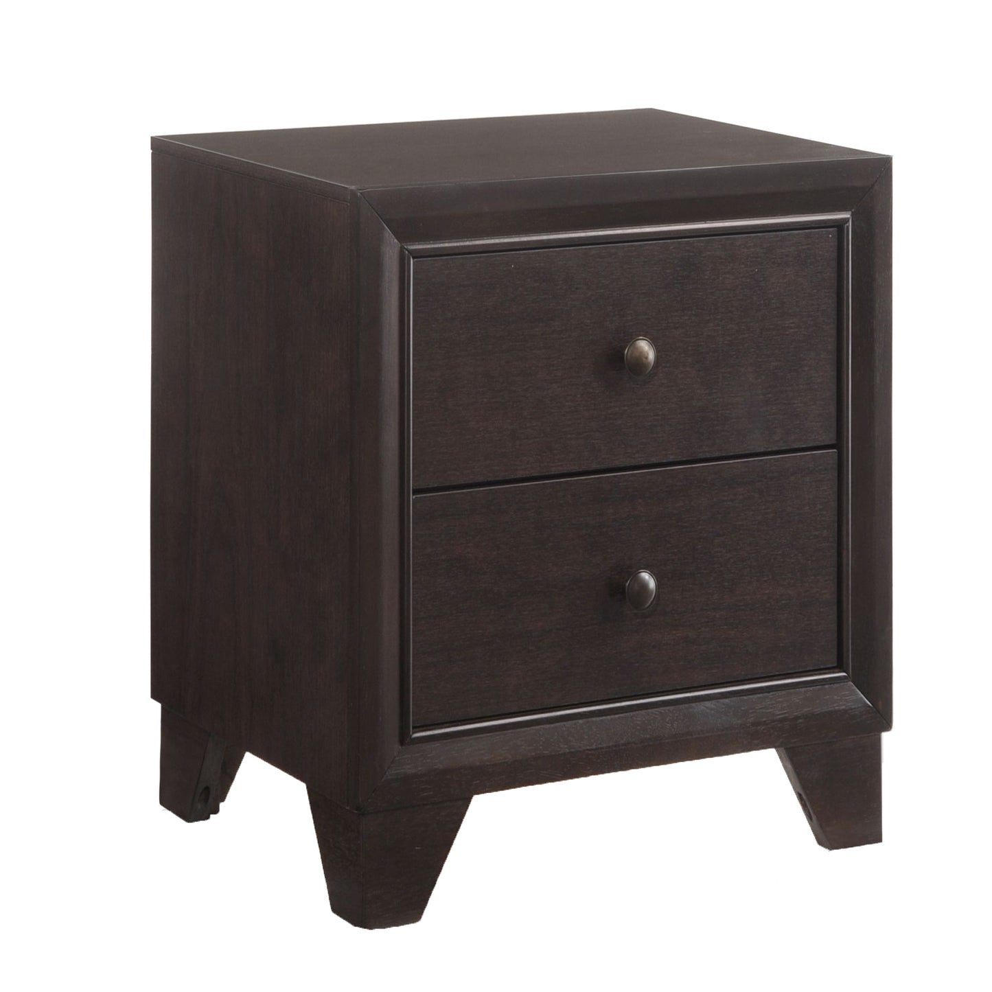 Dark espresso wood nightstand with two drawers and brushed nickel knobs