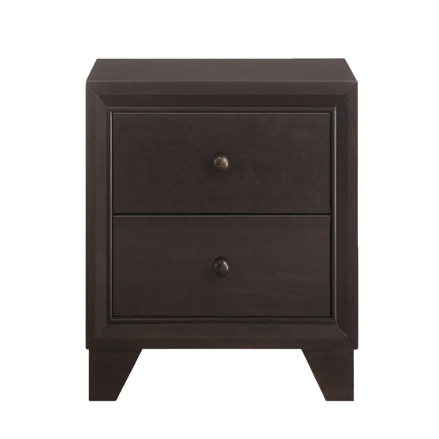 Dark brown wooden nightstand with two drawers and bronze knobs