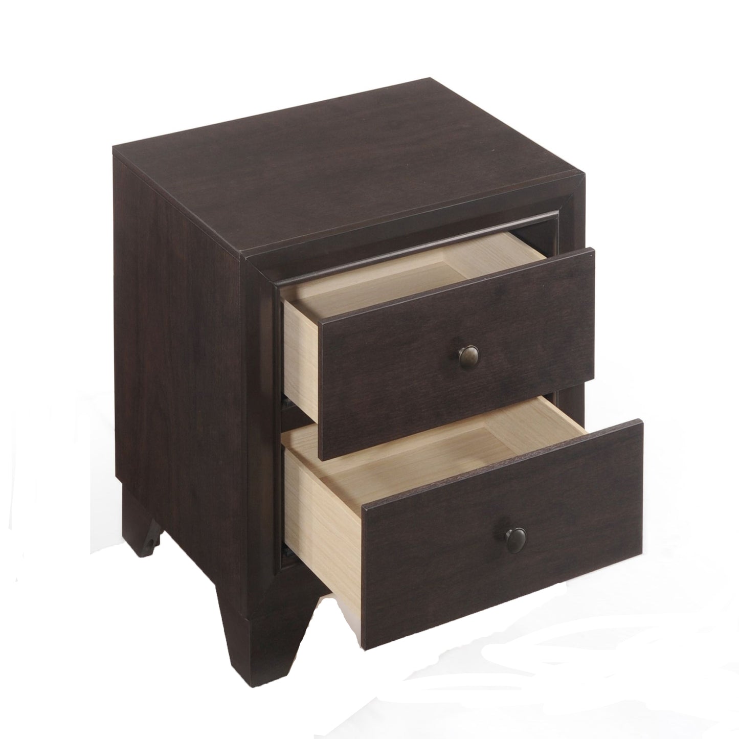 Dark brown wood nightstand with two open drawers and brushed nickel knobs
