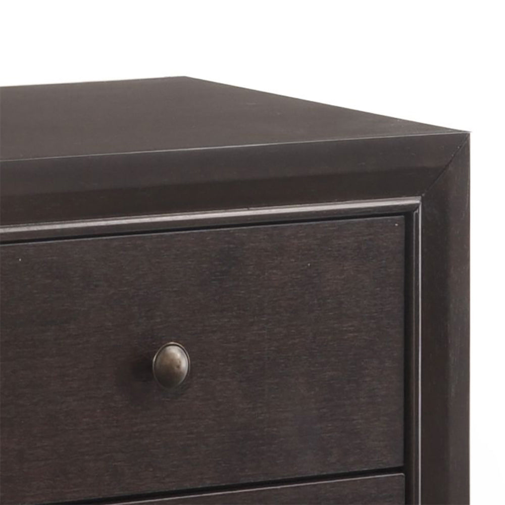 Dark wood nightstand with antique bronze knob and clean lines
