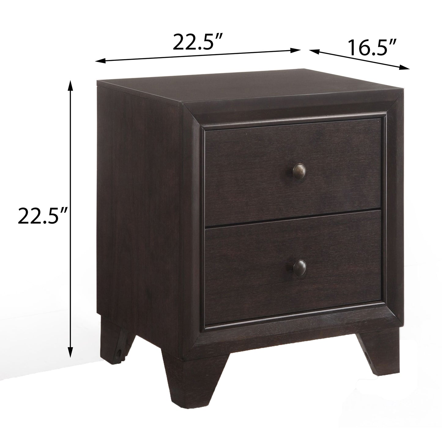Dark brown wood nightstand with two drawers and brass knobs H x W