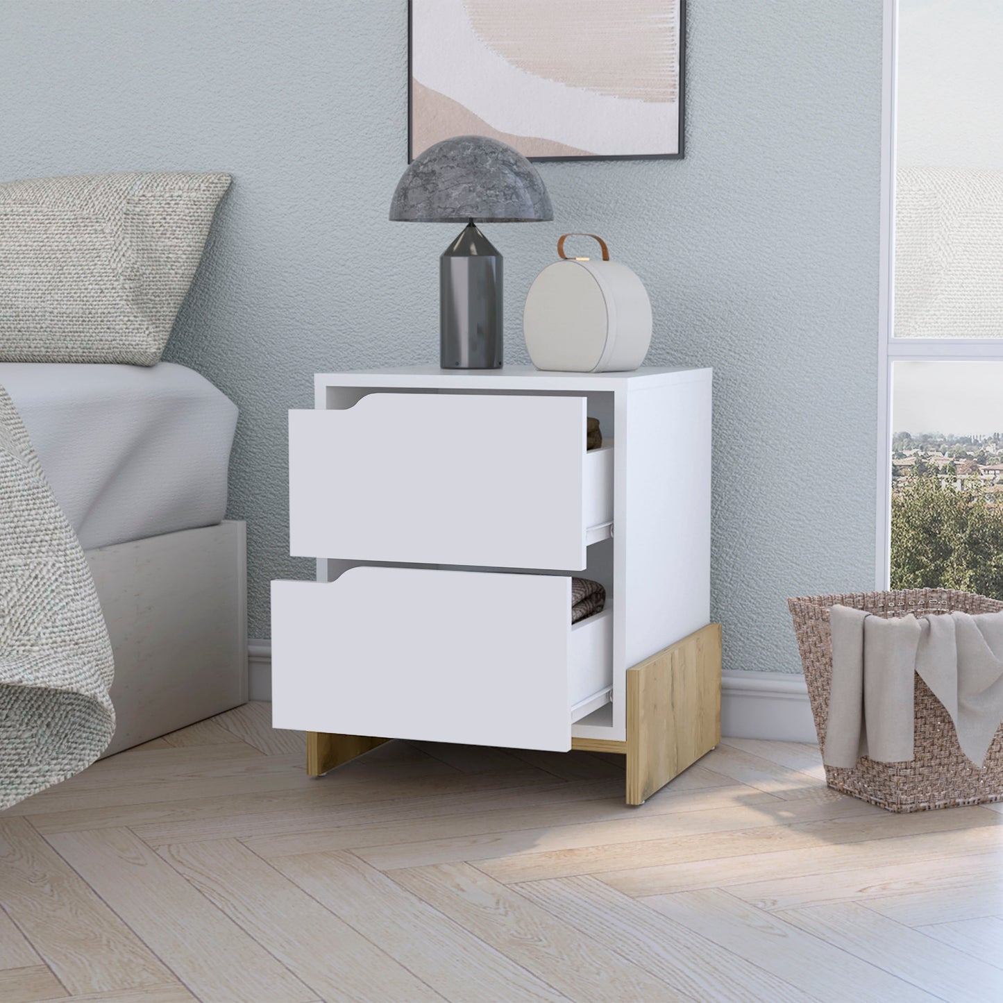 White twodrawer modern nightstand with wood accent base perfect for bedside storage