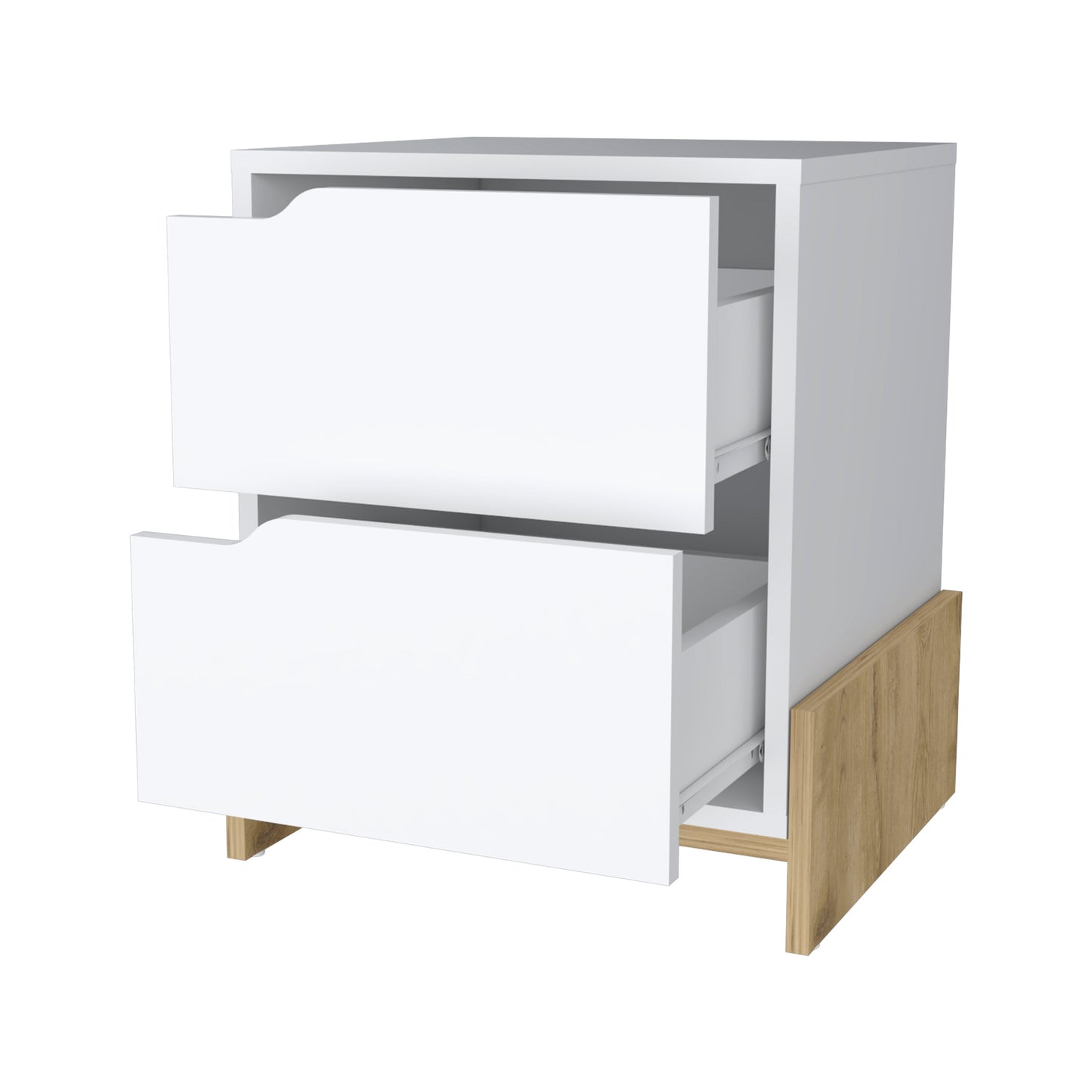 White twodrawer bedside table with wood accent base modern design