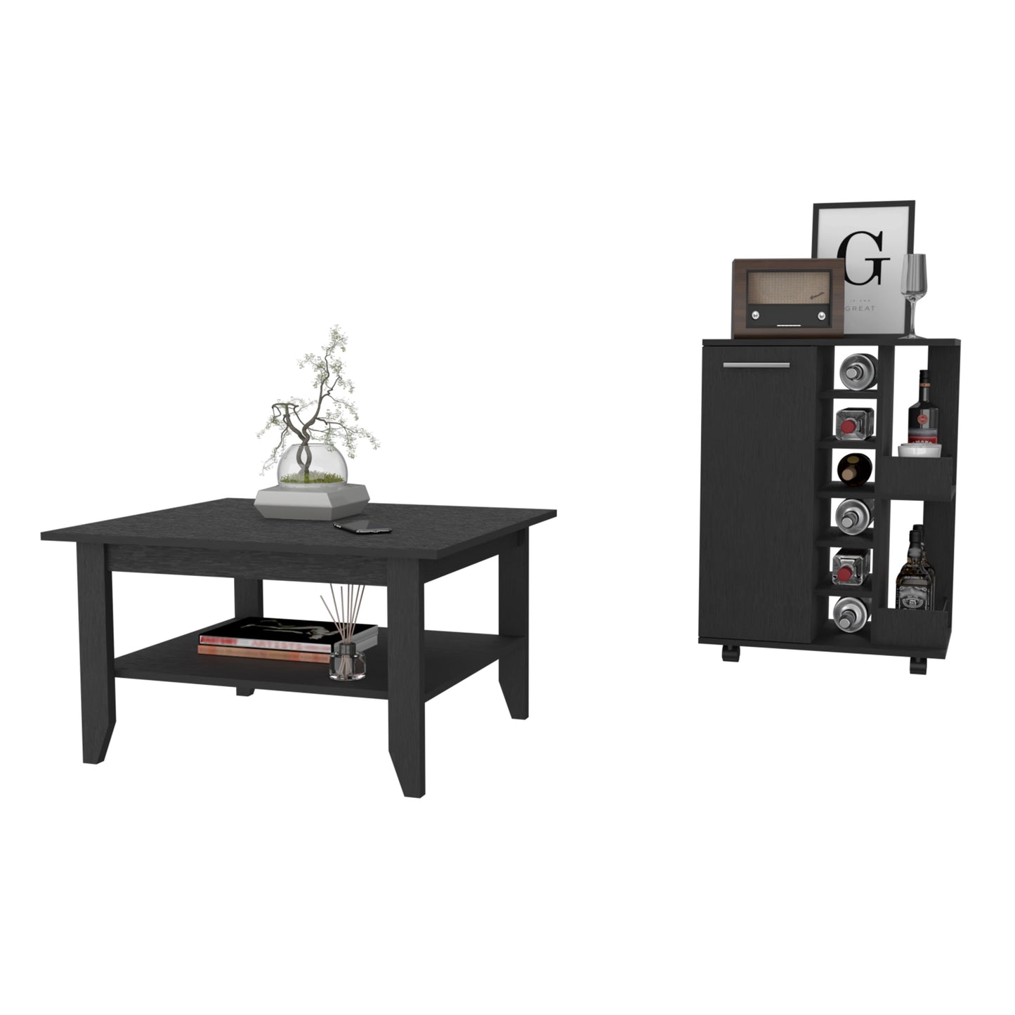 Black modern coffee table with storage shelf holding books and diffuser