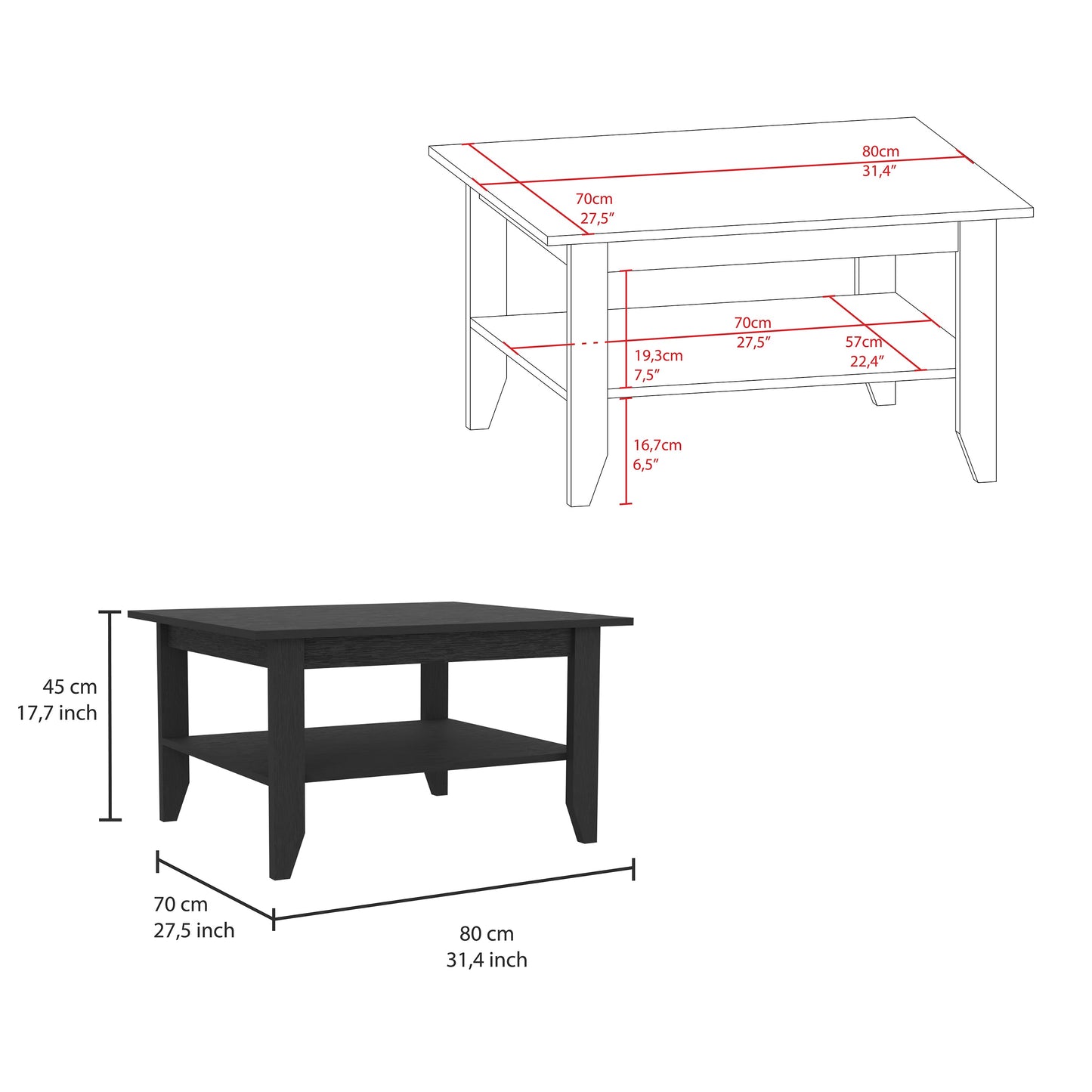 Black wooden coffee table with two shelves cm width