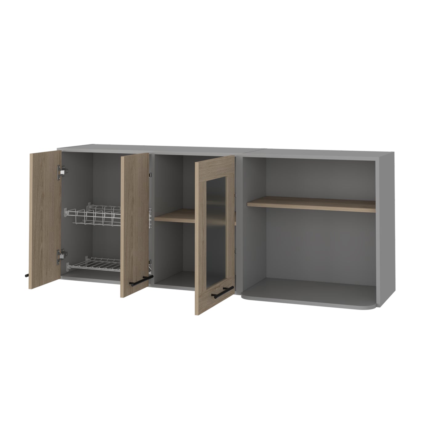Modern grey kitchen wall cabinet with two woodfinish doors and one glassinset door