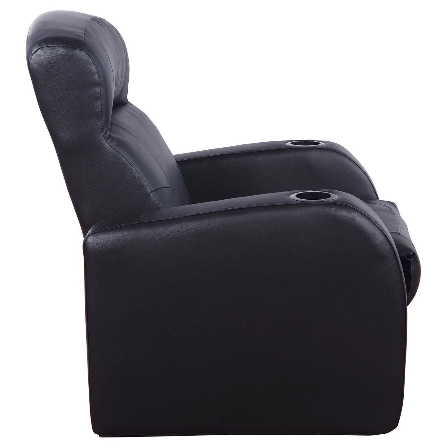 Black faux leather recliner chair with cup holders