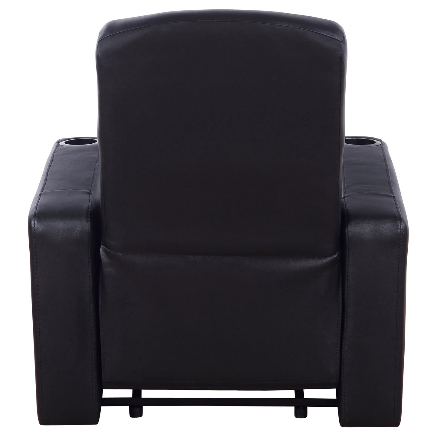 Black leather recliner chair with integrated cup holders and padded arms for movie nights