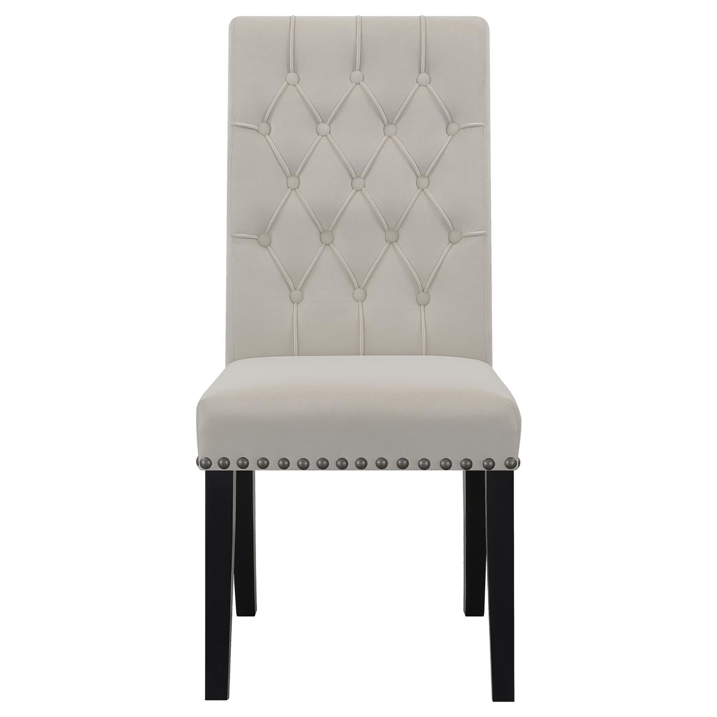 Elegant light grey tufted dining chair with nailhead trim and dark wood legs