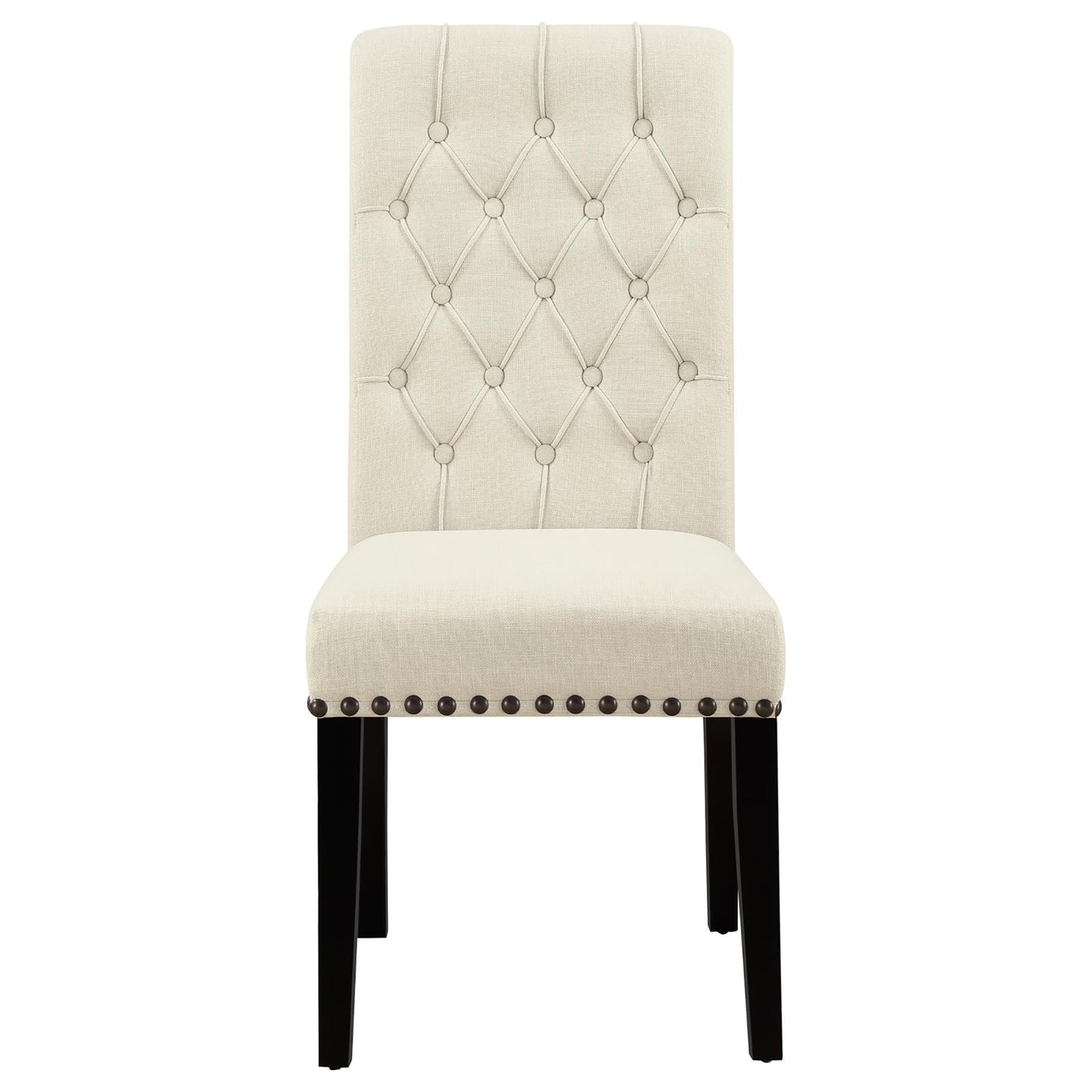 Tufted back cream upholstered dining chair with nailhead trim and dark wood legs