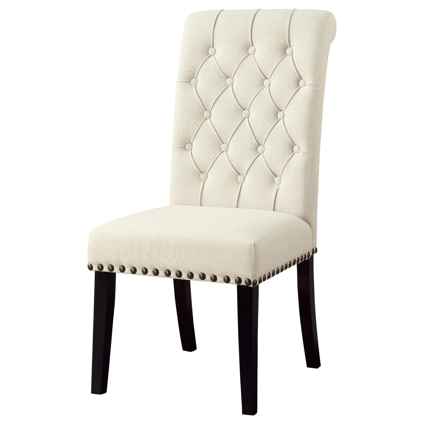 Tufted cream fabric dining chair with dark wood legs and nailhead trim