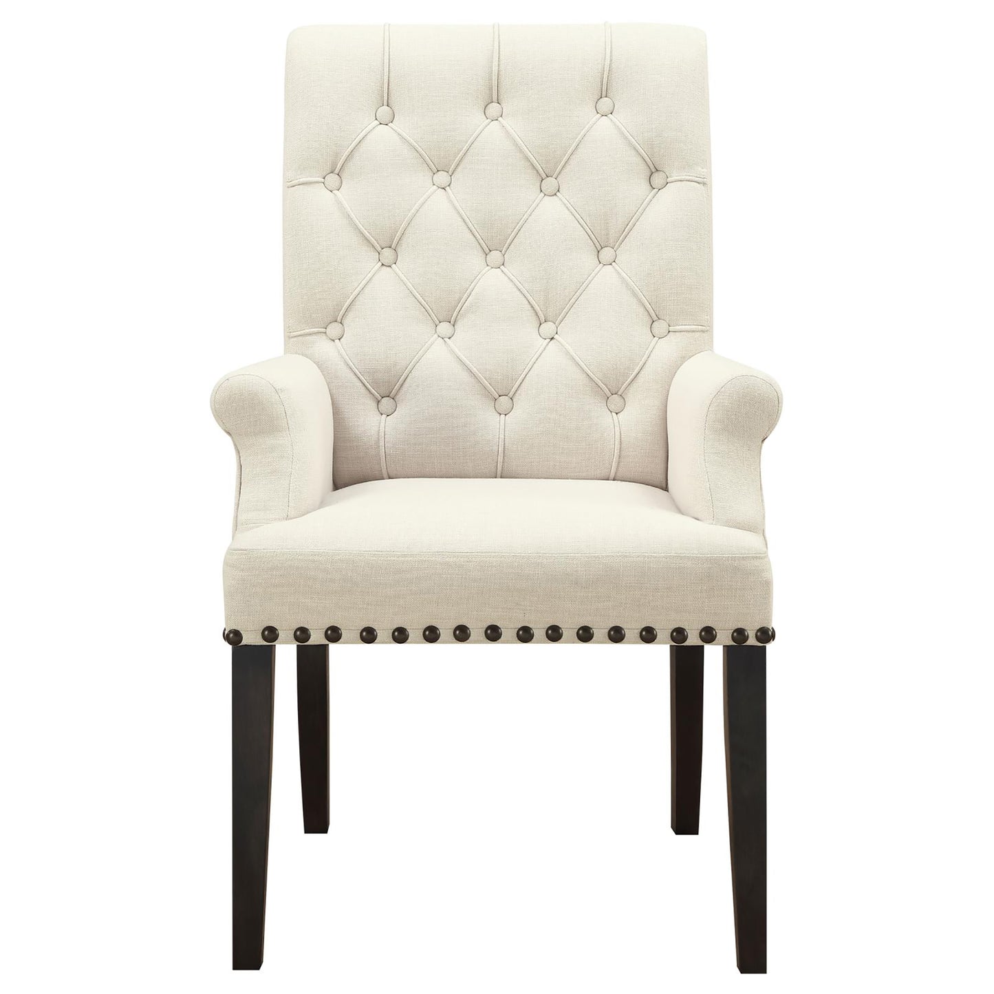 Cream upholstered armchair with diamond tufting and nailhead trim details