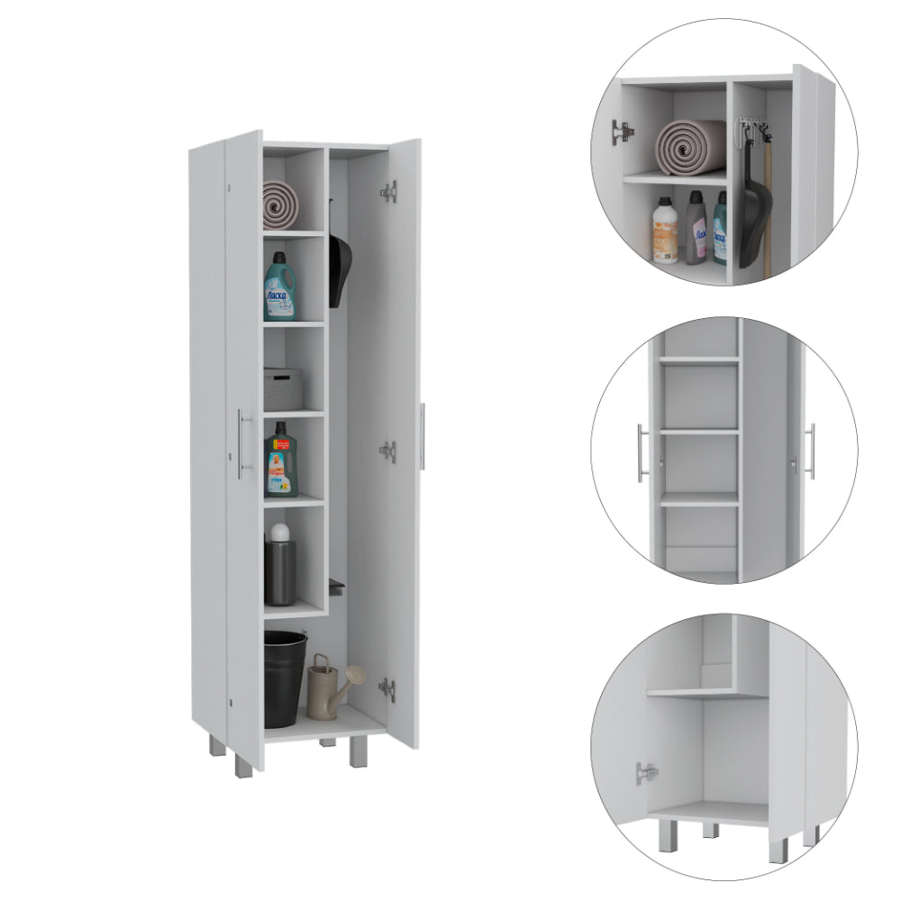 White tall storage cabinet with adjustable shelves and open doors showing cleaning supplies