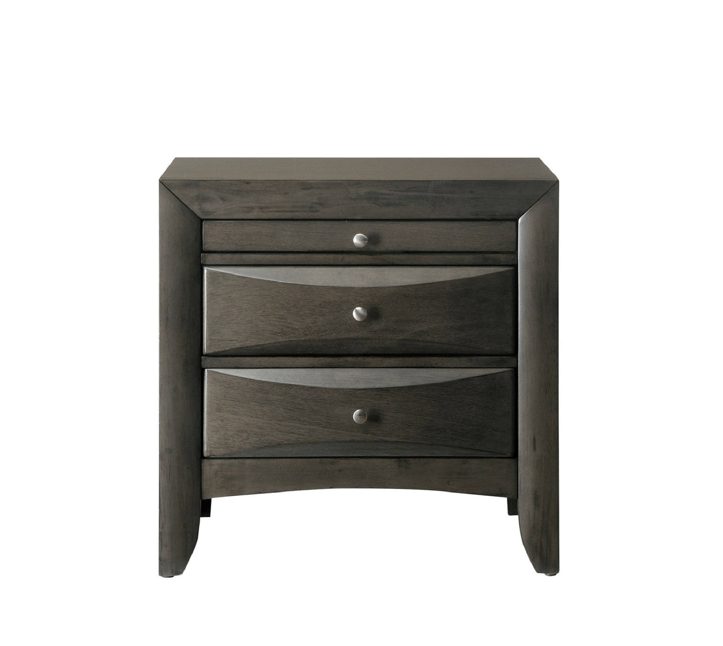 Dark gray wooden nightstand with three drawers and silver knobs