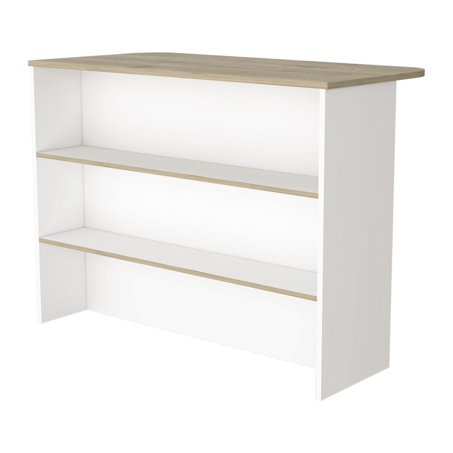 Modern white bookcase with a faux wood top and three open shelves for storage