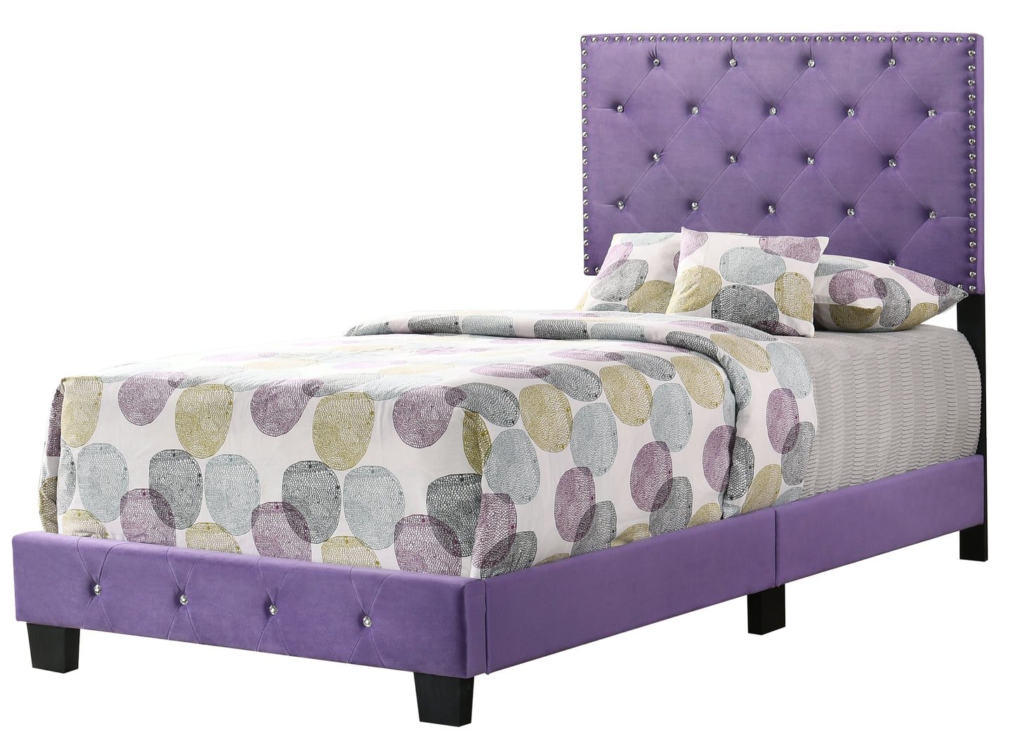 Purple velvet twin bed with diamond tufting and crystal accents