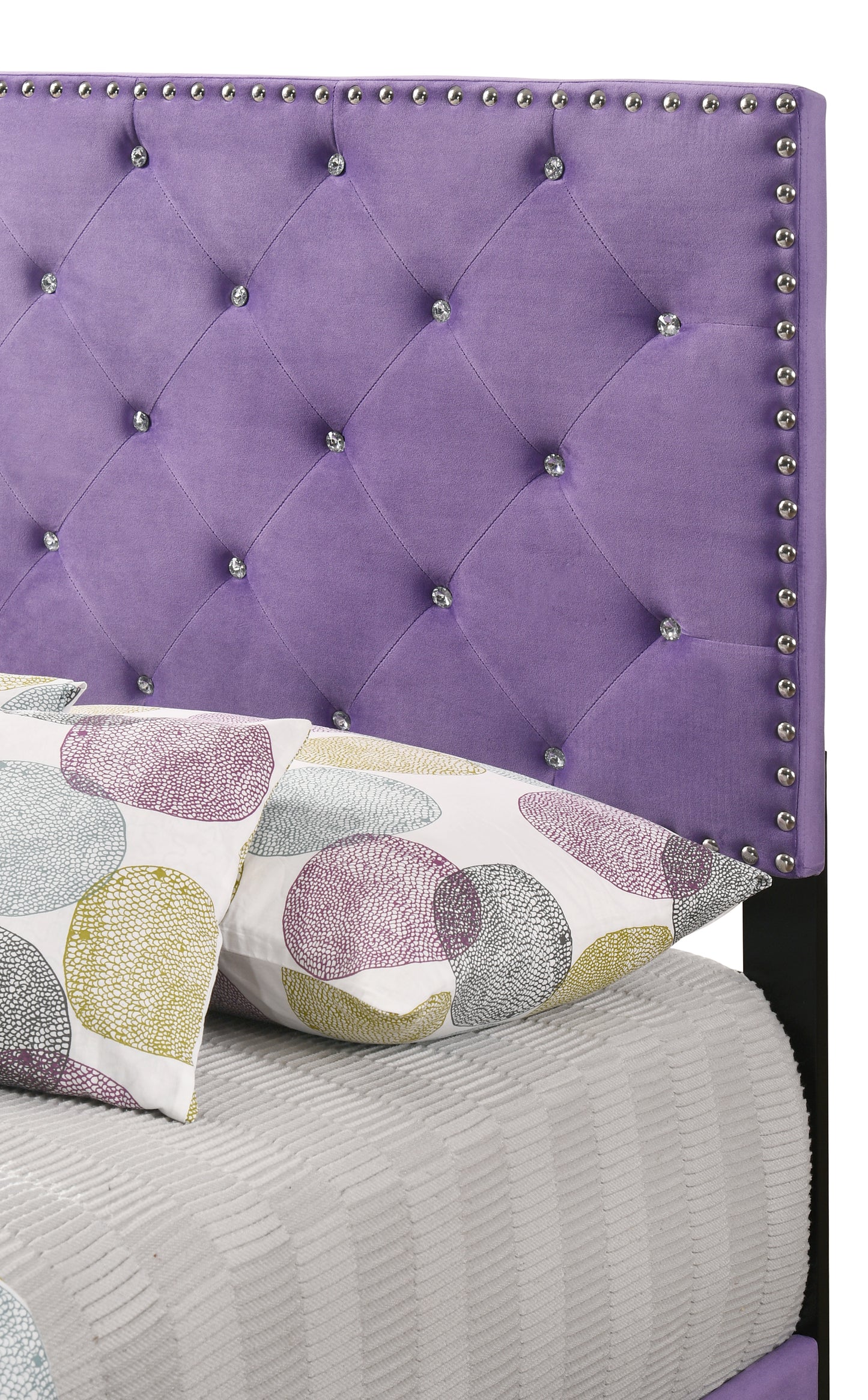 Purple velvet tufted headboard with crystal accents