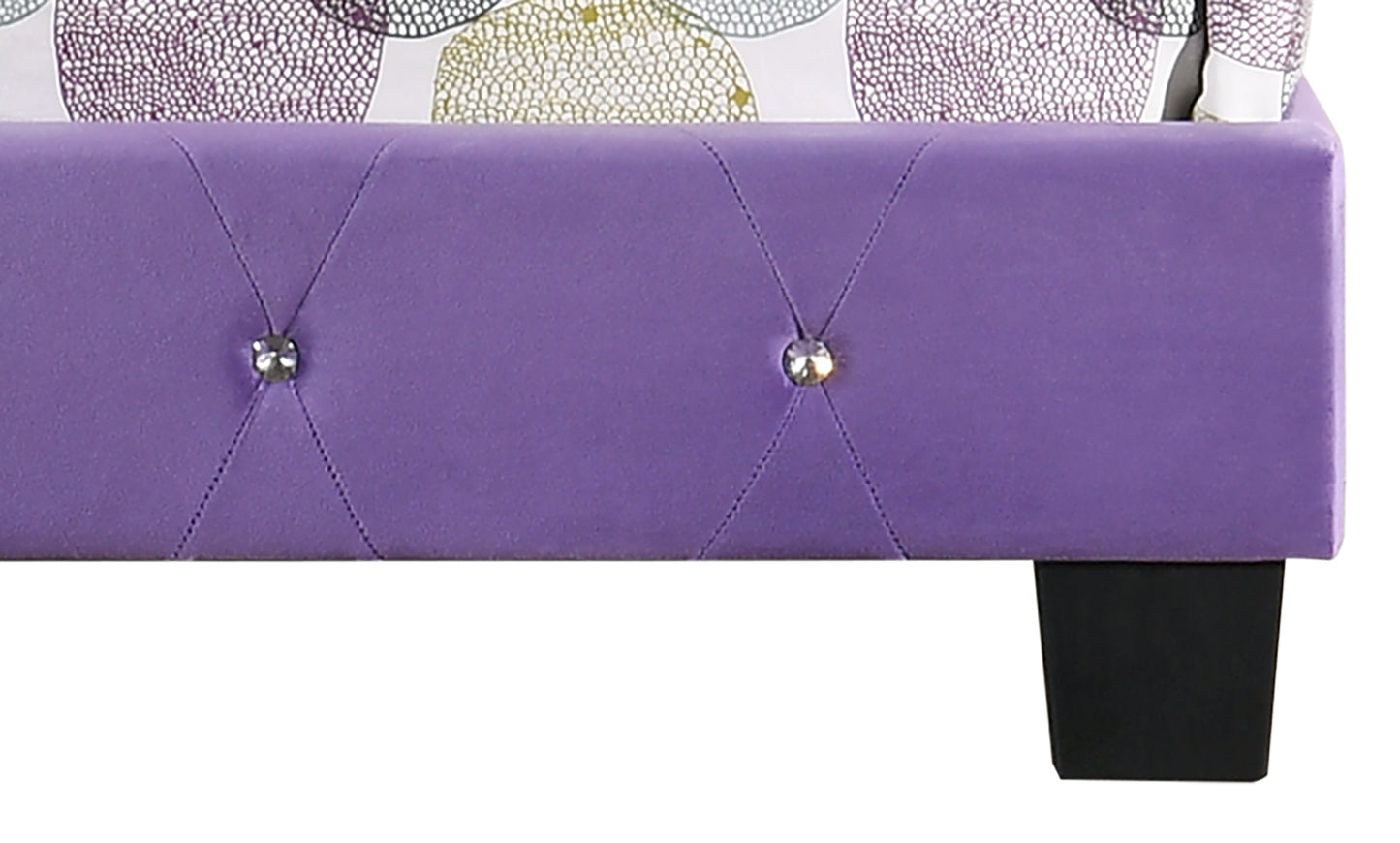 Purple velvet tufted bed frame with crystal details and black legs