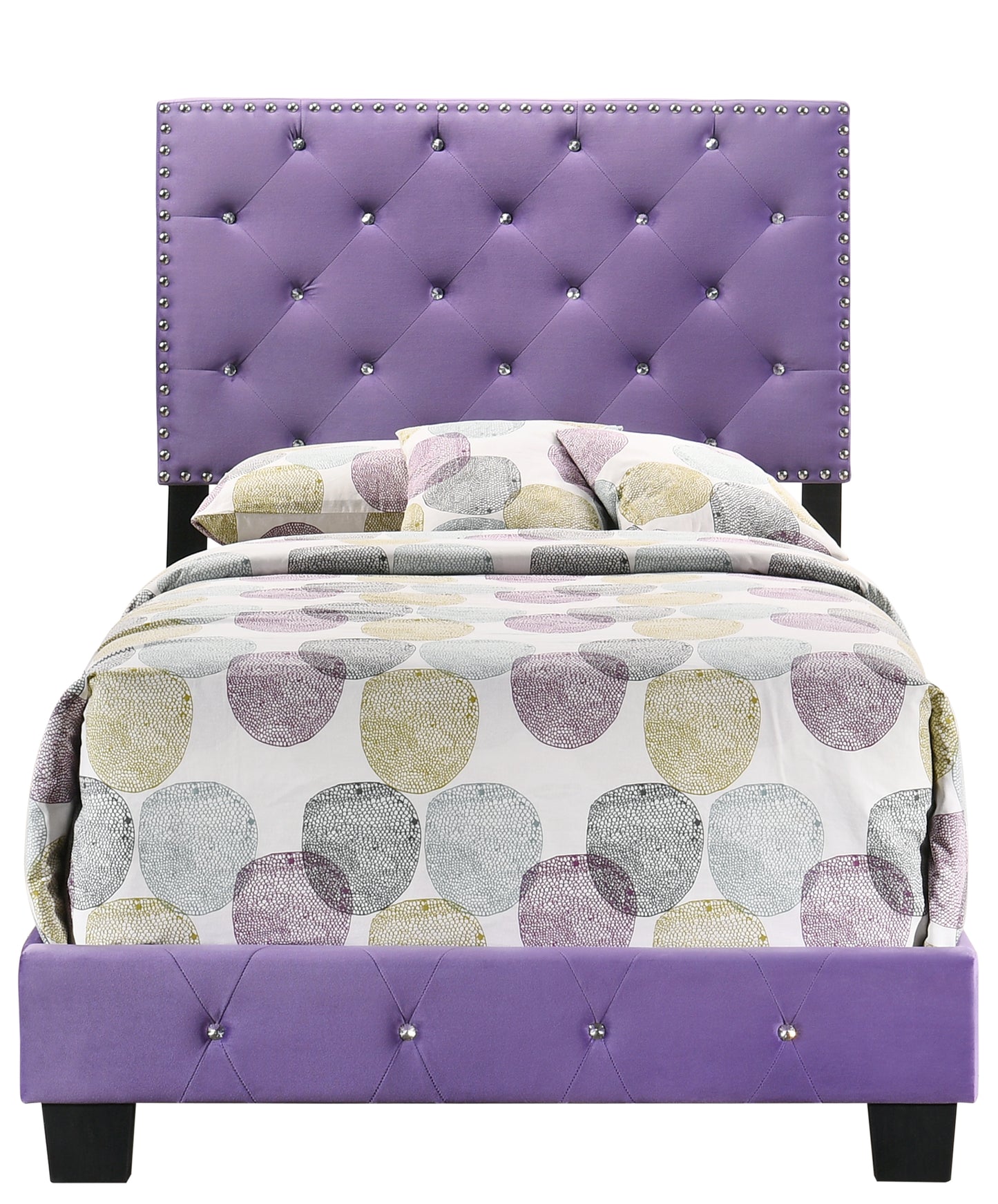 Tufted lavender velvet bed frame with crystal accents