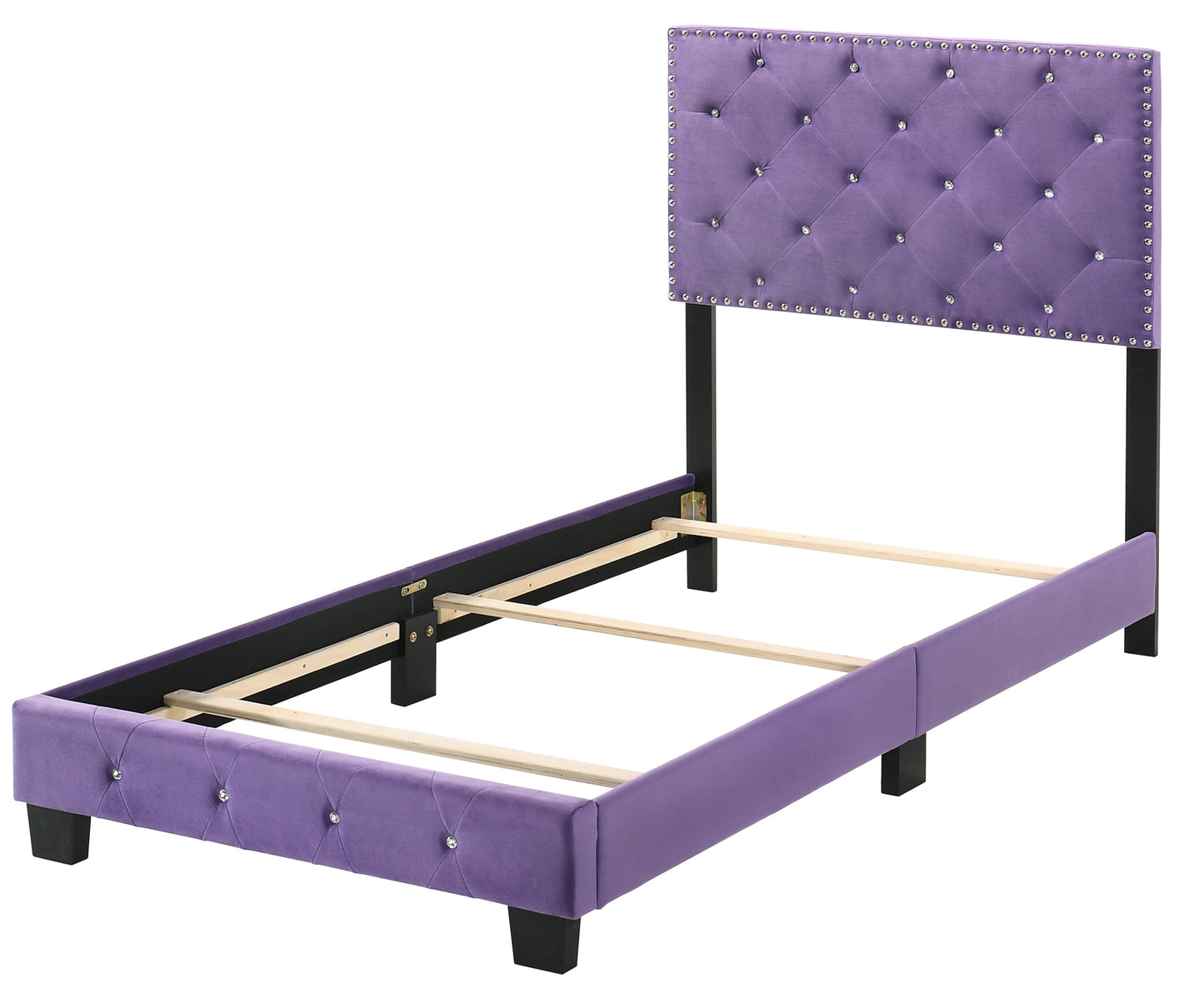 Purple velvet tufted twin bed frame with crystal accents and silver nailhead trim