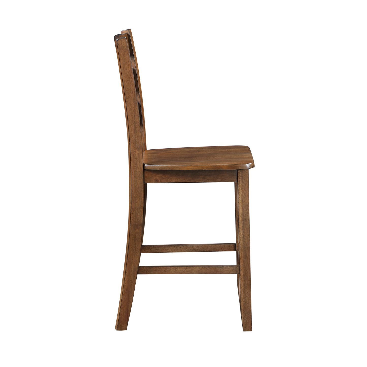 Side view of a classic wooden bar stool with a carved back and contoured seat in a warm walnut finish