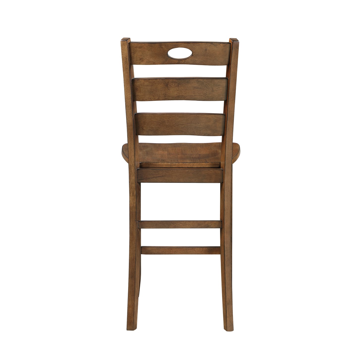 Back view of a rustic wooden bar stool with slatted back and oval cutout detail