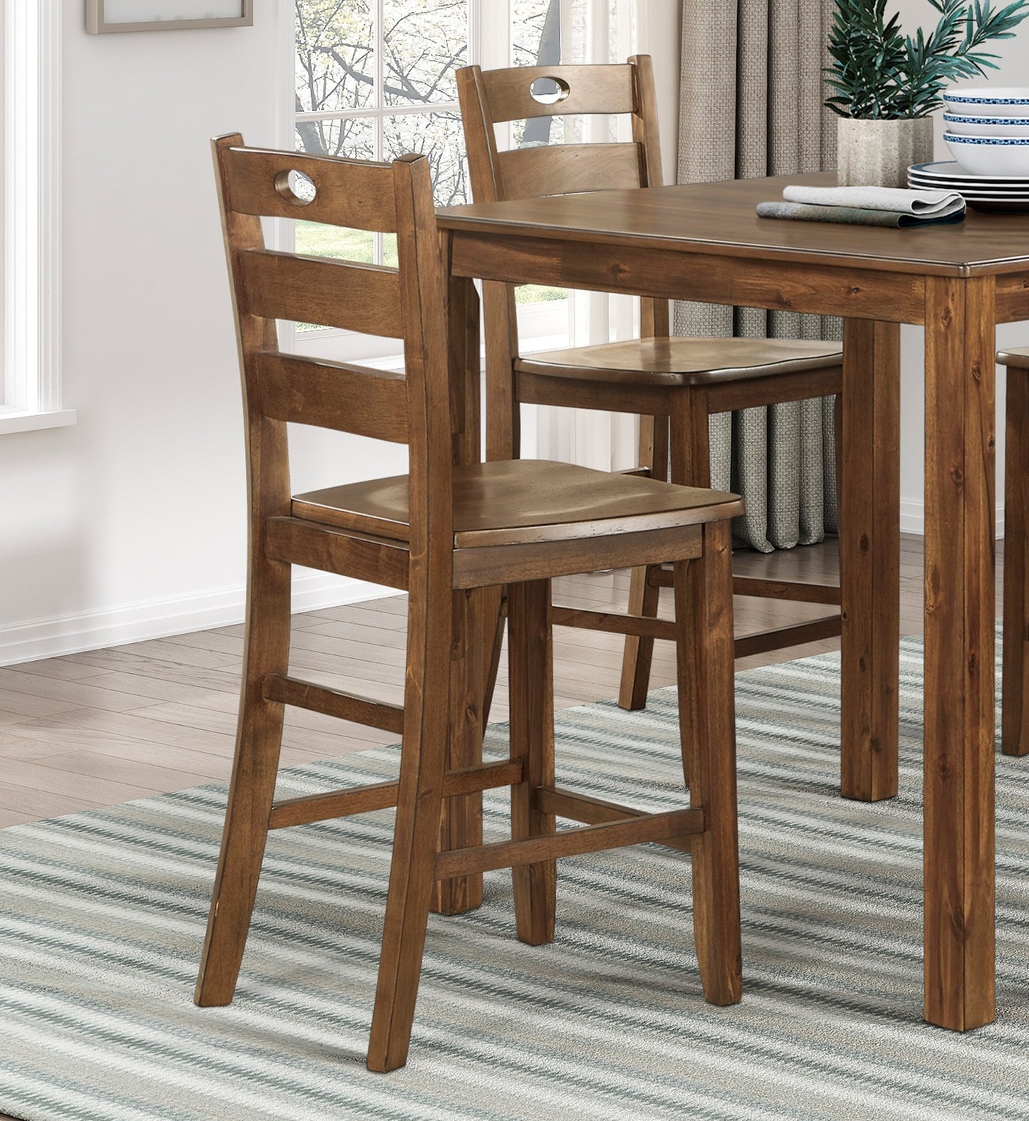 Rich brown wooden bar stool with circular back cutout