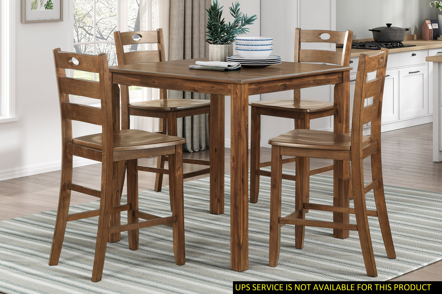 Solid wood bar height table with four matching wooden stools in a warm brown finish perfect for compact dining areas