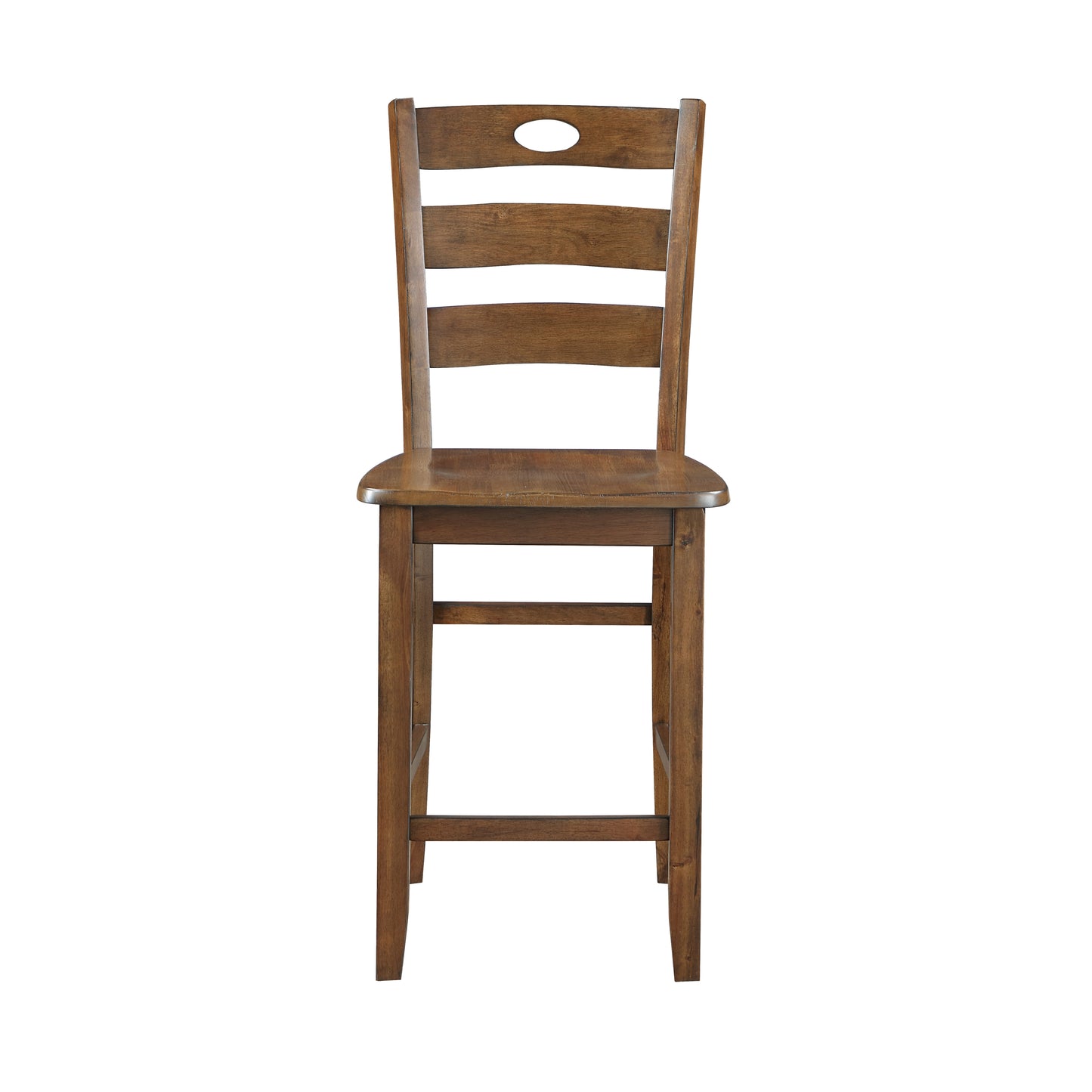 Solid wood bar stool with a rustic brown finish and horizontal slat back with oval cutout