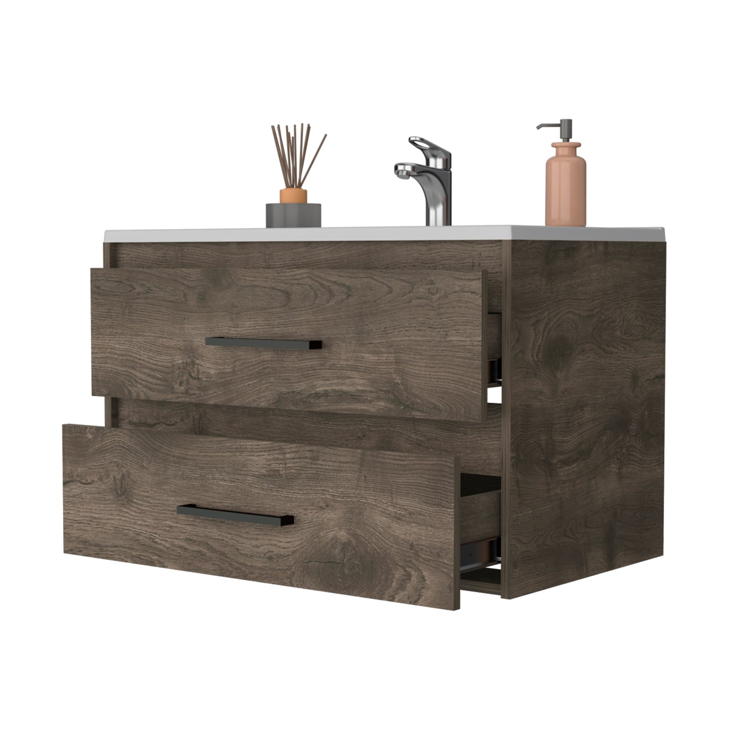 Modern floating bathroom vanity in dark wood finish with two drawers and chrome faucet