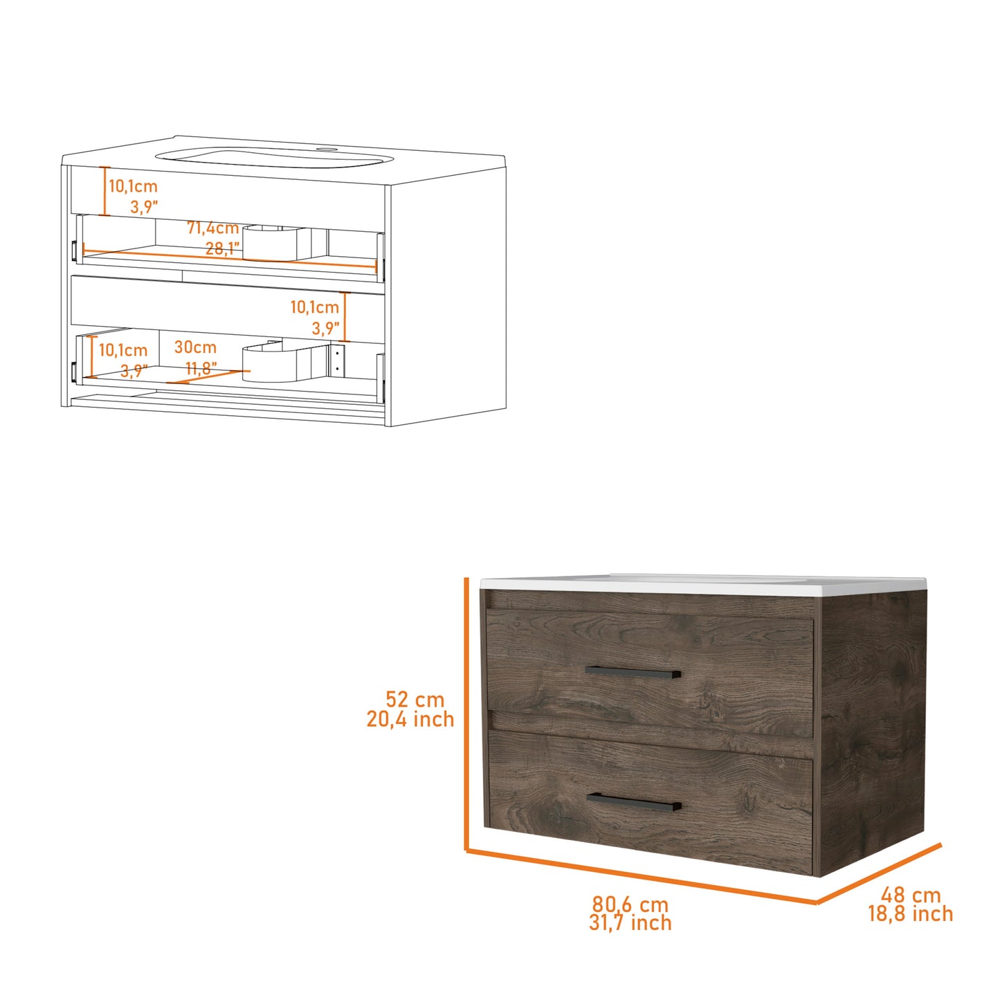 Brown wood effect vanity cabinet with two drawers and modern black handles cm wide