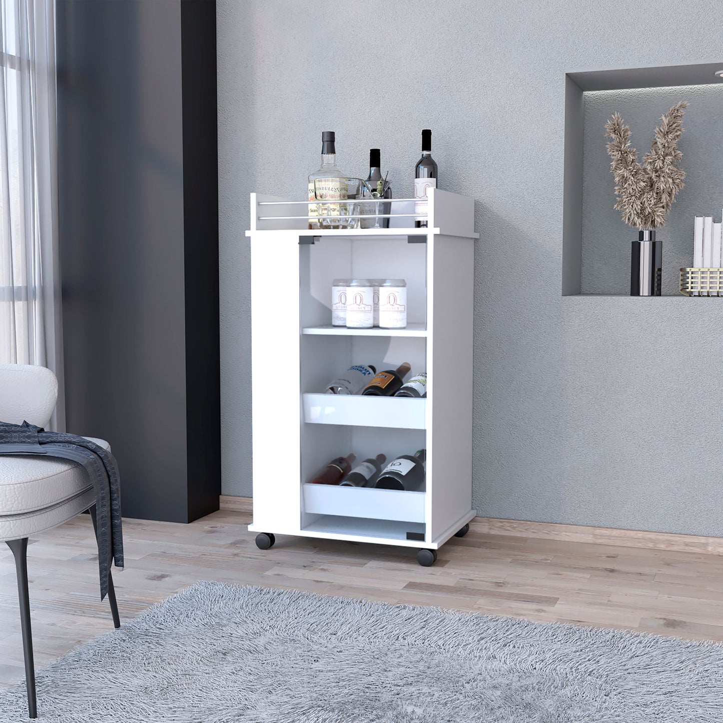 White rolling bar cart with bottle storage perfect for entertaining guests