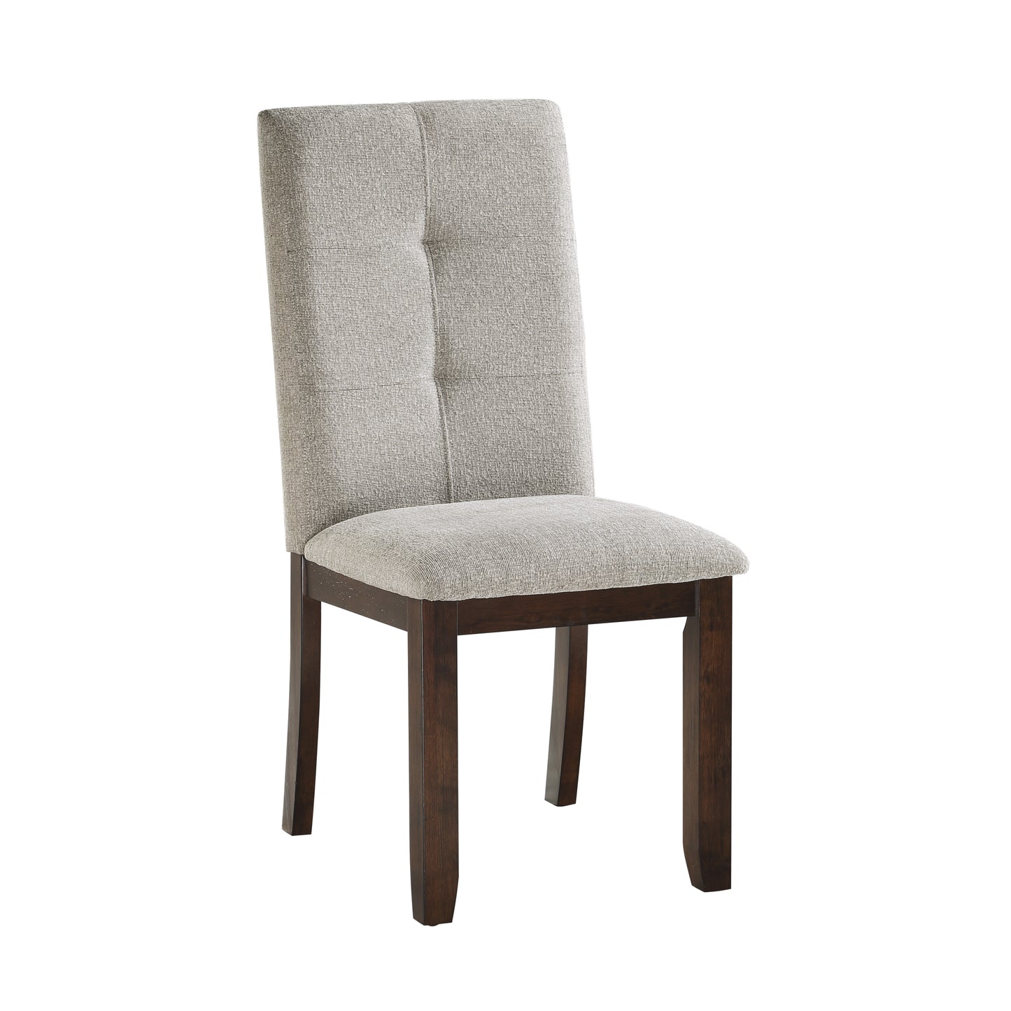 Tufted grey upholstered dining chair with dark wood legs