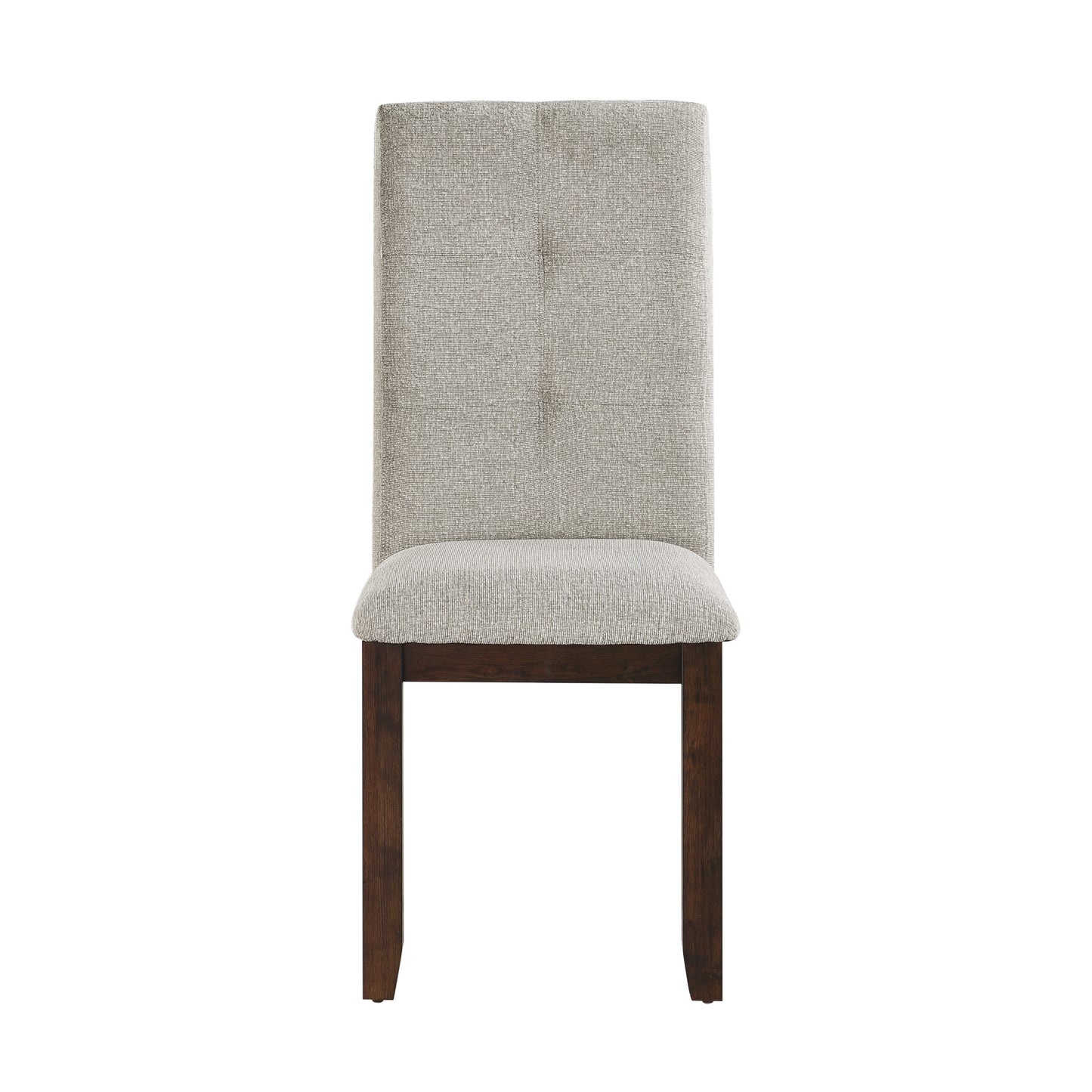 Tufted back upholstered dining chair in neutral grey fabric with dark wood legs