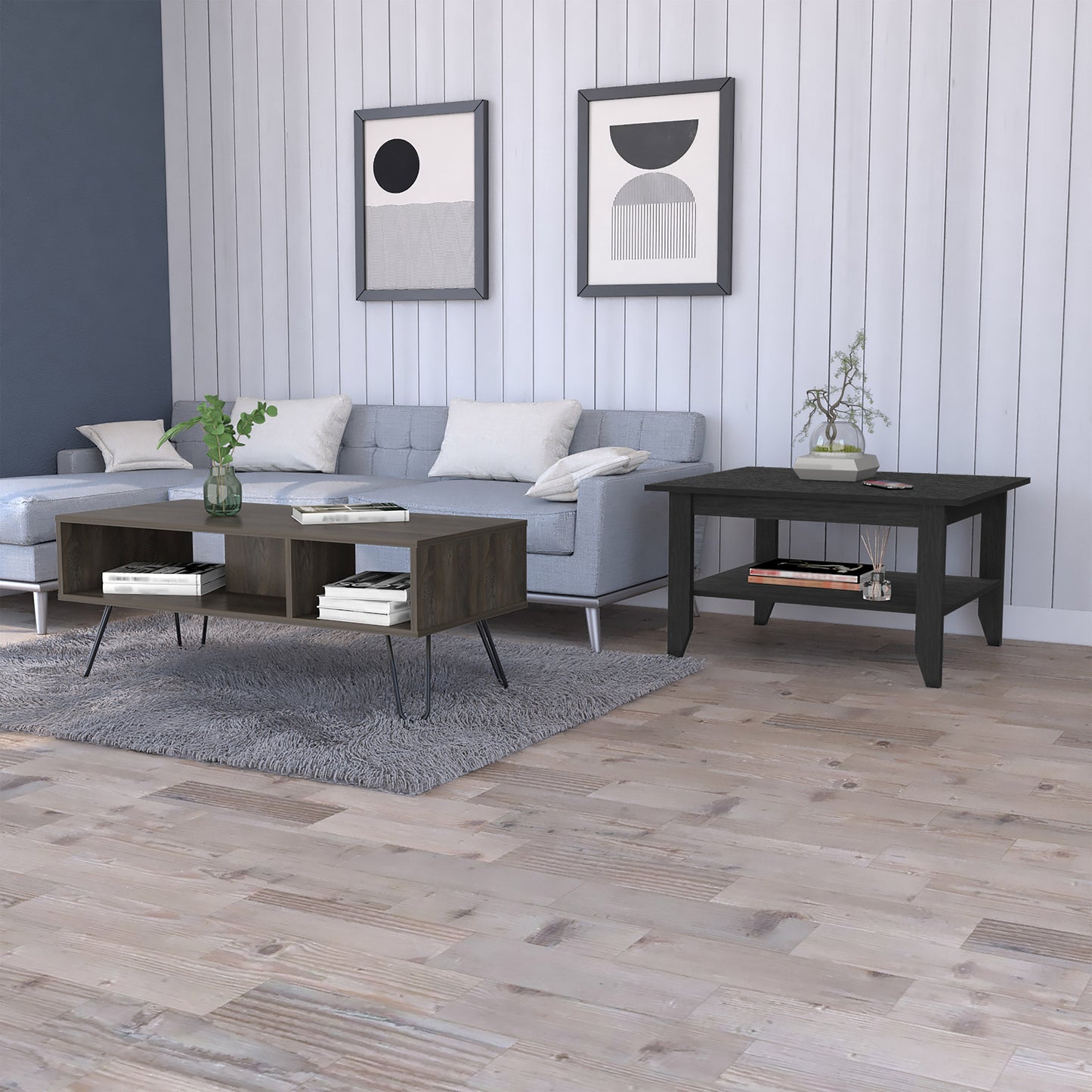 Modern dark wood coffee table with open shelving and hairpin legs holding books