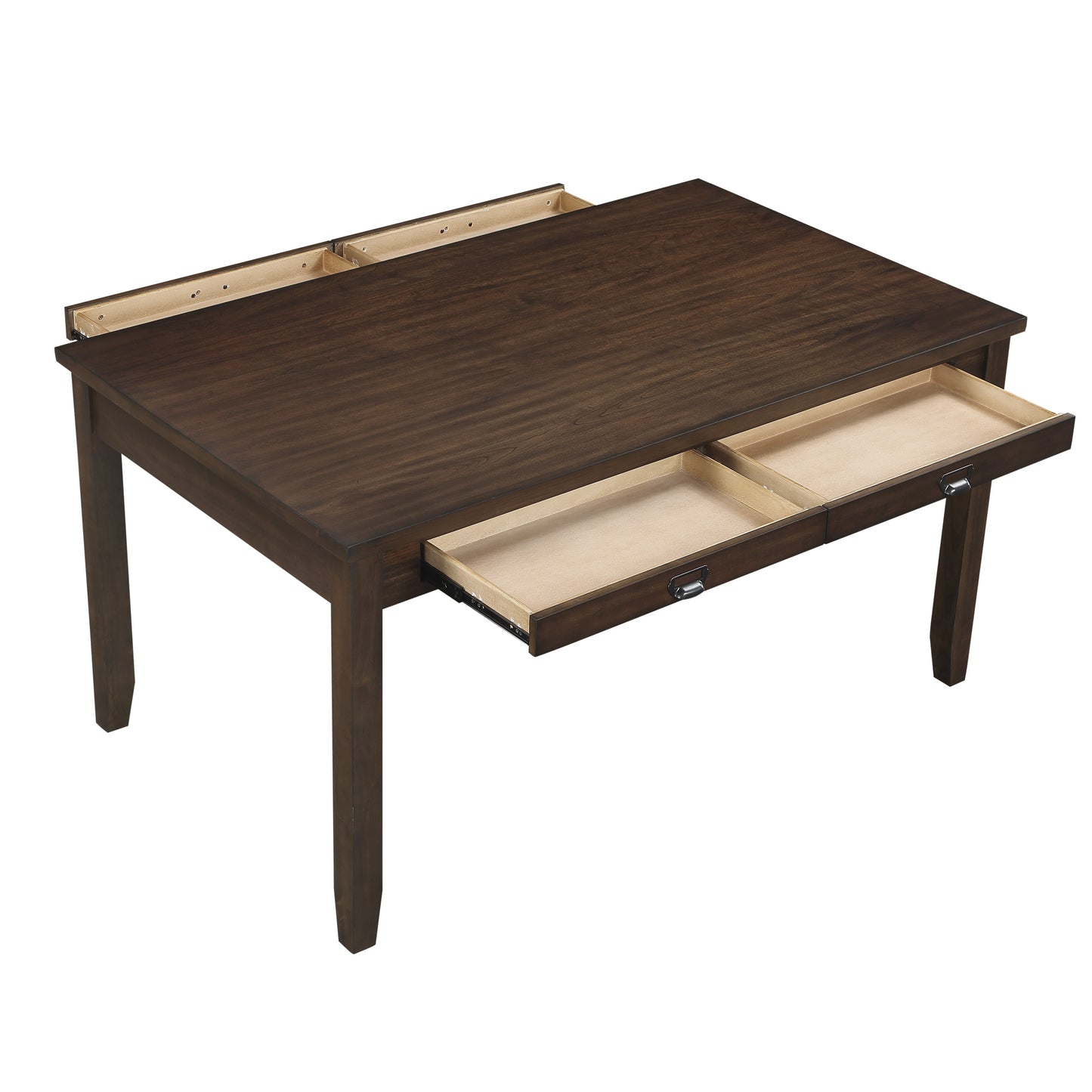 Dark wood dining table with pullout drawers on the side showcasing storage functionality