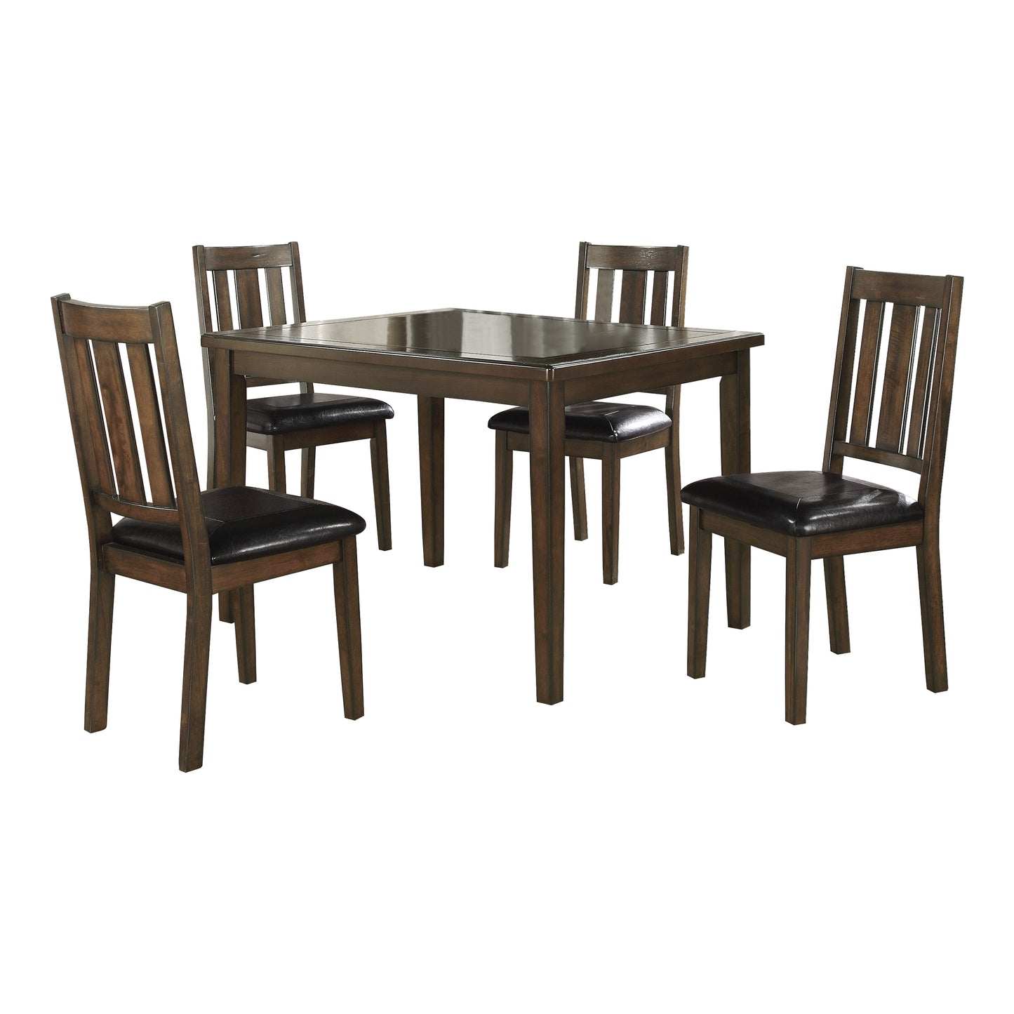 Dark wood dining table with four upholstered chairs perfect for modern kitchens