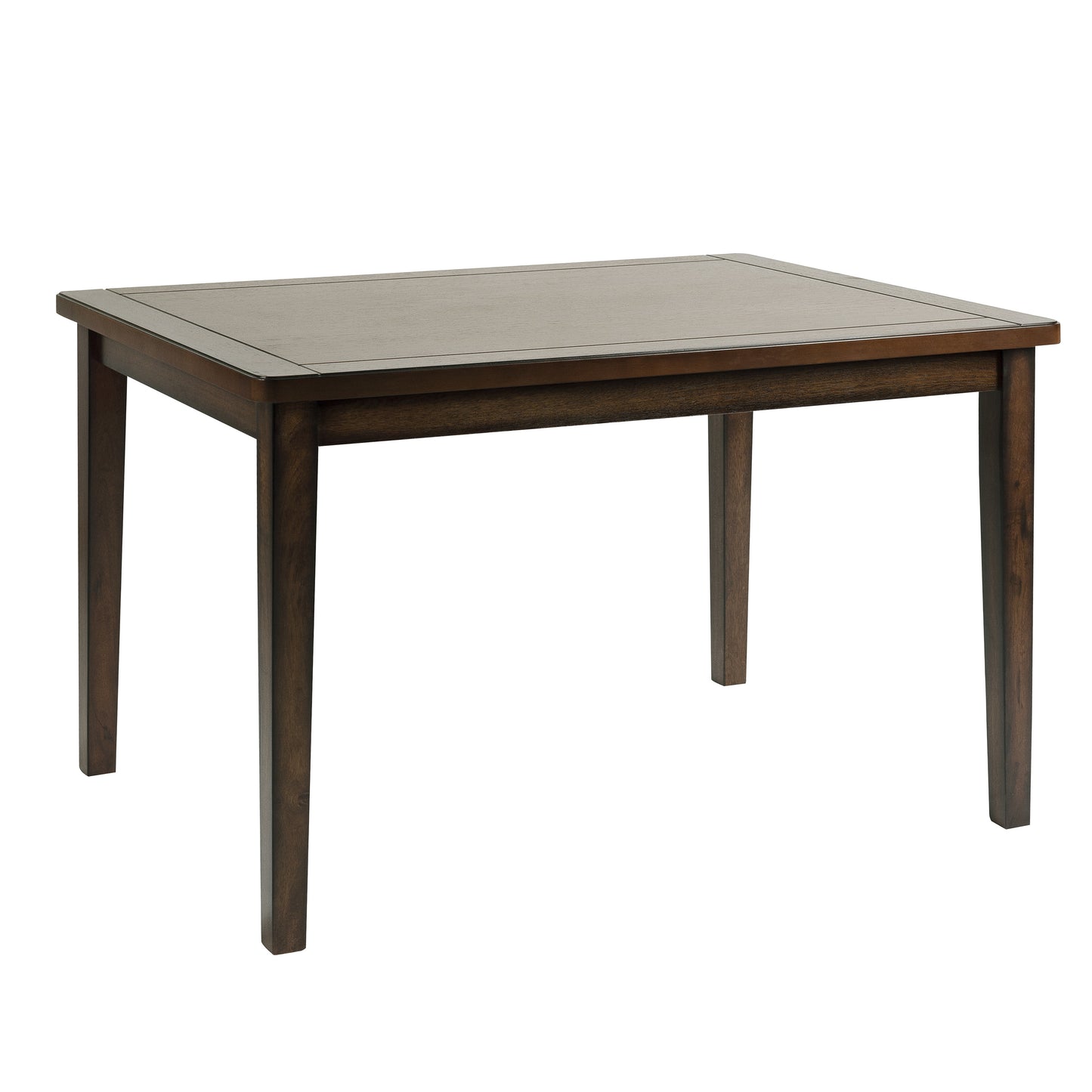 Dark brown wood dining table with clean lines and four sturdy legs